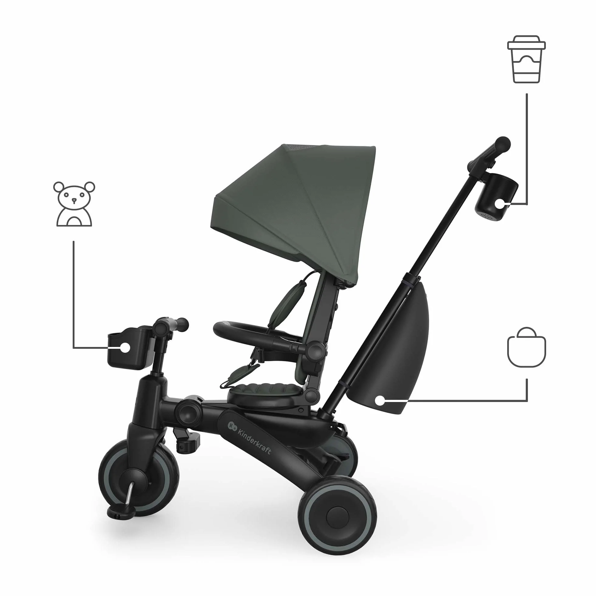 Kinderkraft JAZZ 3 triciclo pieghevole 9 mesi-25 kg, seduta 360°, semi-reclinabile fronte/retro, capotta UPF 50+ impermeabile, ruota libera, chiusura compatta, Verde