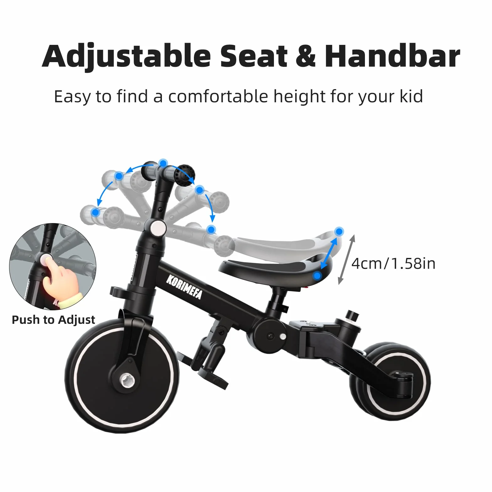 KORIMEFA Bicicletta per bambini, Triciclo a 3 ruote per bambini da 1-3 anni,maniglia di spinta, pedale rimovibile,schienale,maniglia di guida per i genitori,Natale per il primo compleanno (Nero)