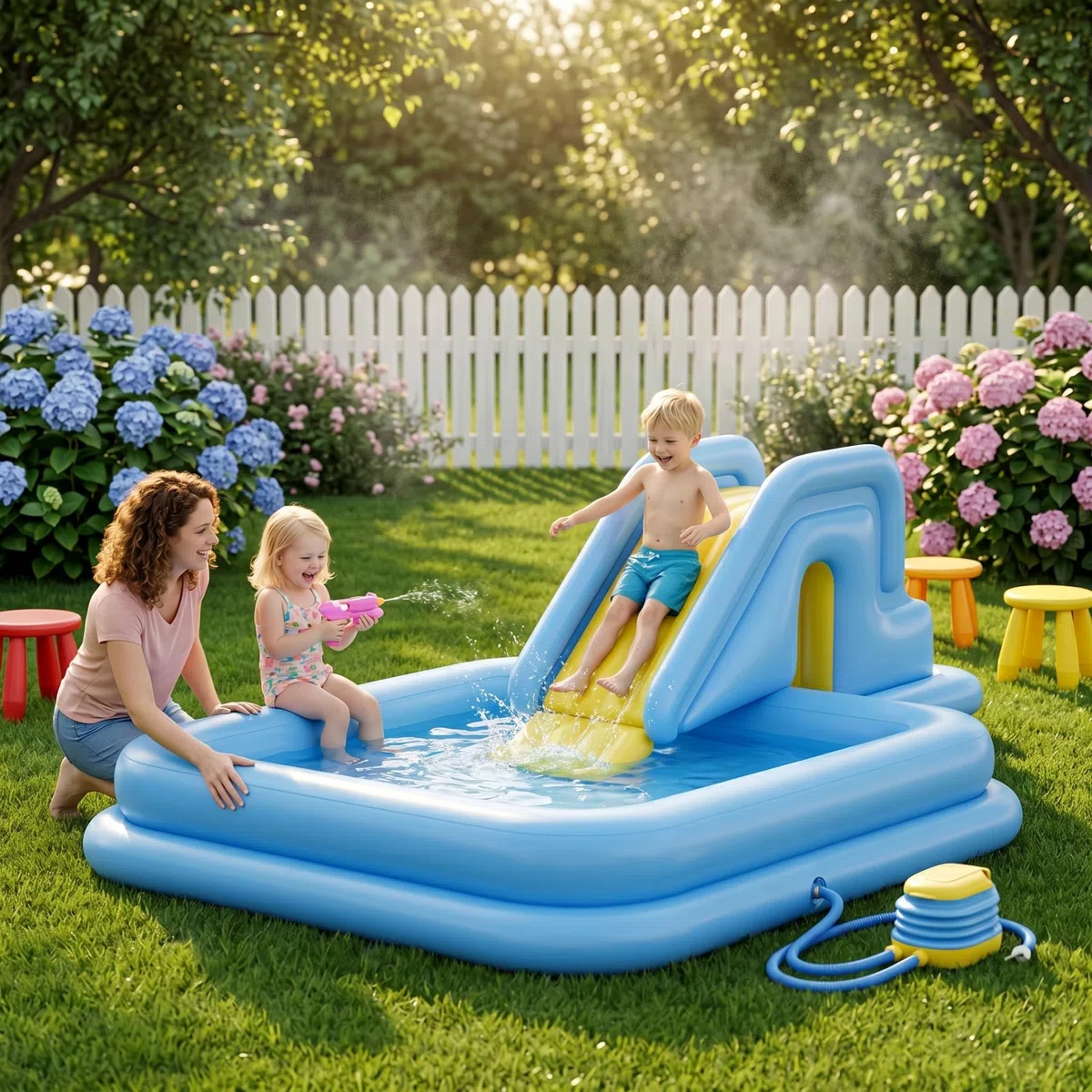 Scivolo Gonfiabile per Piscina Azzurro con Pompa a Pedale, Facile Installazione, Gioco in Cortile Interno ed Esterno