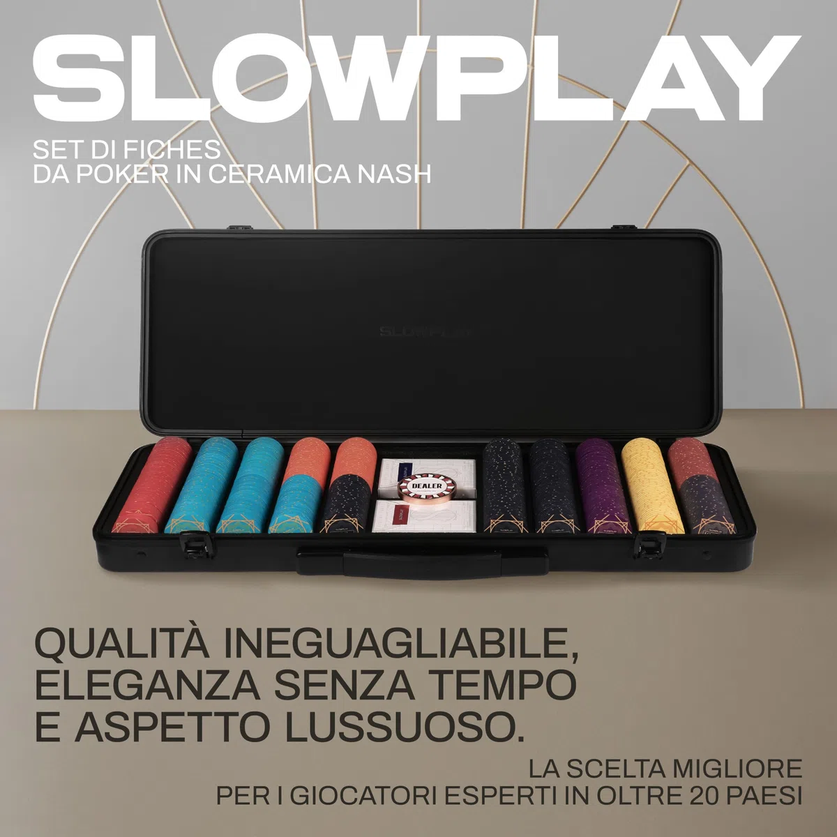 SLOWPLAY Nash - Set di fiches da poker in ceramica per Texas Hold'em, 300 pezzi [con valori numerati], 43 mm e 12 g ciascuno, con custodia di fascia alta in policarbonato tedesco