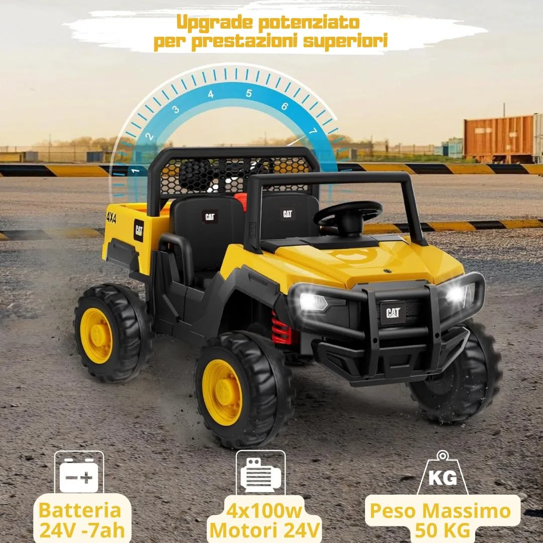 Caterpillar Macchina Elettrica 24V per Bambini Camion da Cantiere con Cassone Ribaltabile e Pala 4 Motori 100W Telecomando Genitori 50kg