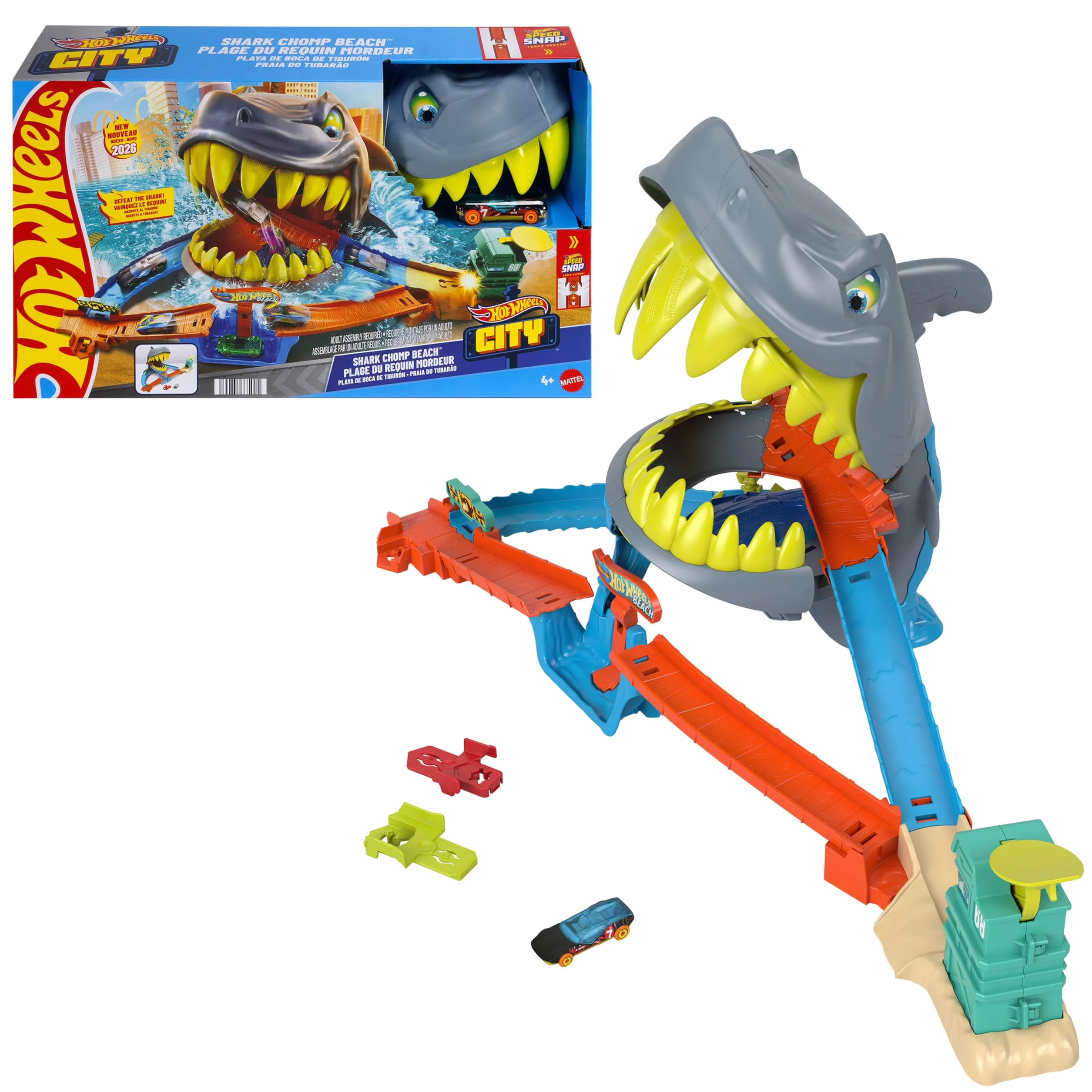 Hot Wheels - Squalo Scontri in Spiaggia, pista con sistema Speed Snap e veicolo incluso, lanciatore per acrobazie nel vuoto, sconfiggi lo squalo e vinci la battaglia, 4+ anni, JHL96