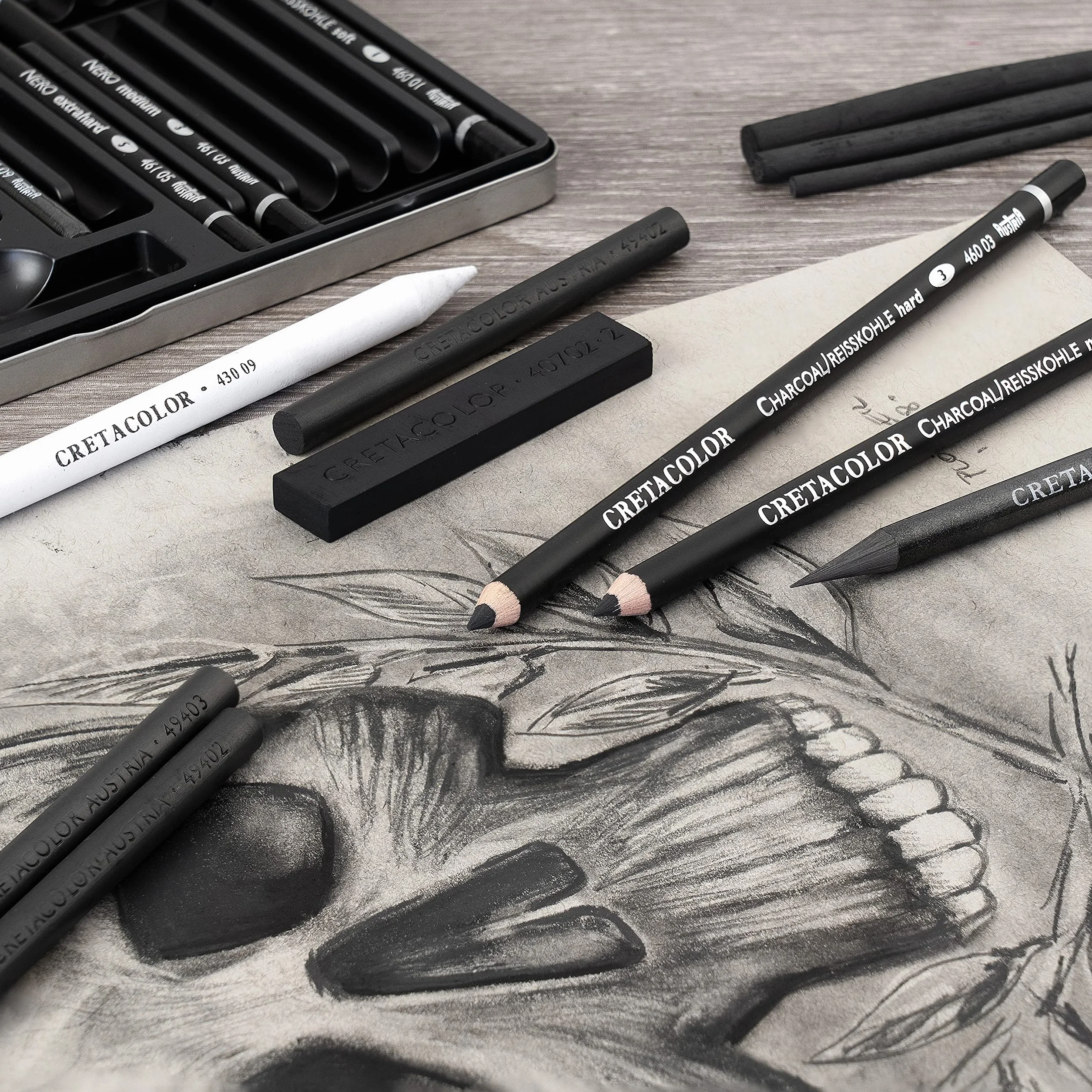 CRETACOLOR Black Box carboncino, set da 20 pezzi per carboncino e disegno, vari materiali da disegno, incl. gomma, varie gradazioni, sbavabile, colorabile con acqua