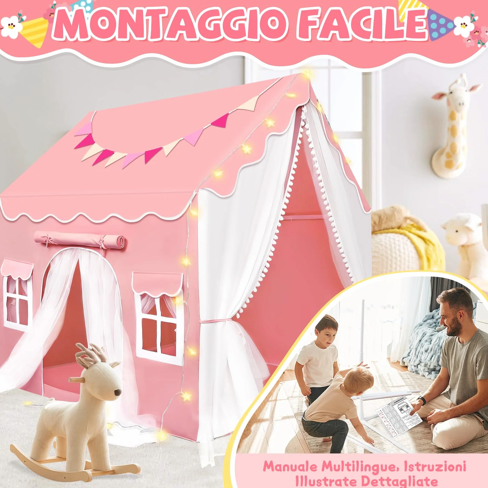 Tenda per Bambini Cameretta, Tenda da Gioco con 2 Porte per Interni Esterni con Luci LED e Bandierine, Rosa