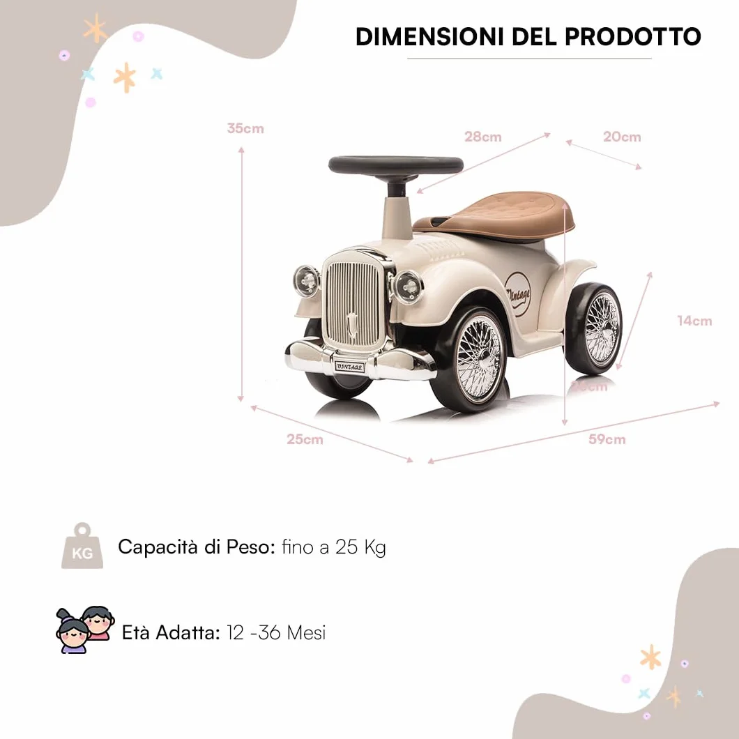 Baroni Toys Macchina Ride-On Vintage per Bambini dai 12 ai 36 Mesi, Baby Car con Clacson ad Aria, Vano Portaoggetti, Manubrio Sterzante e Ruote Stabili per Imparare a Camminare, 25x59x35 cm, Bianco