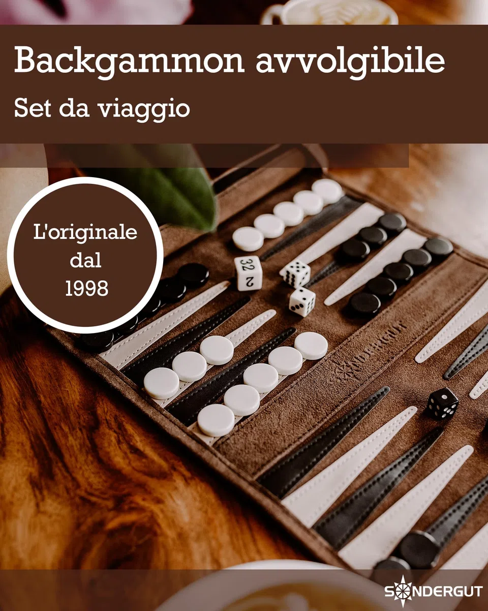 Sondergut Backgammon gioco da tavolo Mocca - Avvolgibile, in 100% pelle - L'originale dal 1998 - Perfetta idea regalo per gli appassionati del campeggio e dei viaggi - 25x34cm