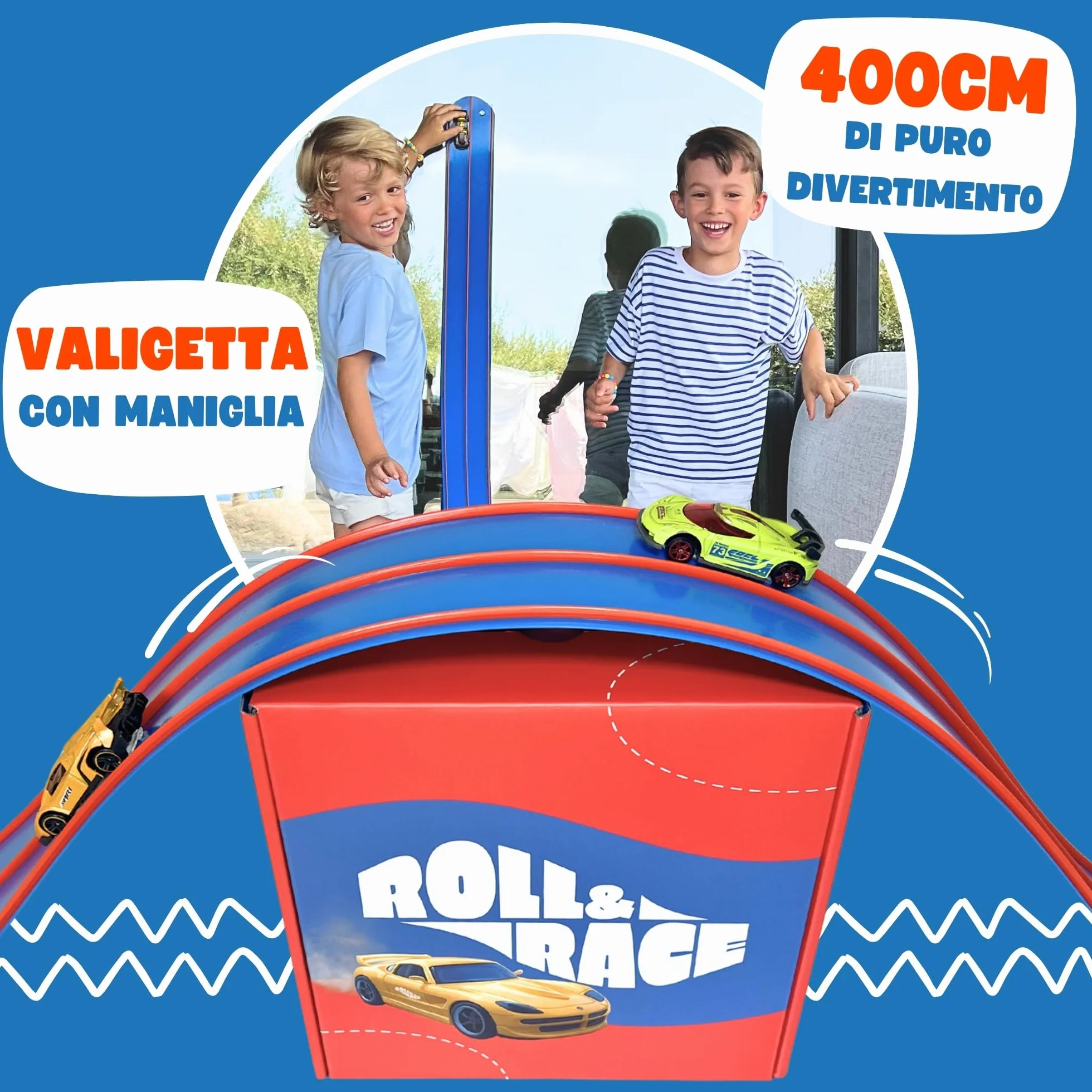 RollAndRace Pista Macchine Flessibile 400cm - Made in EU - Flexible Car Track - Gioco Bambino - Piste Car Wheels - Circuito di Corse per Bambini - Astuccio per il trasporto incluso
