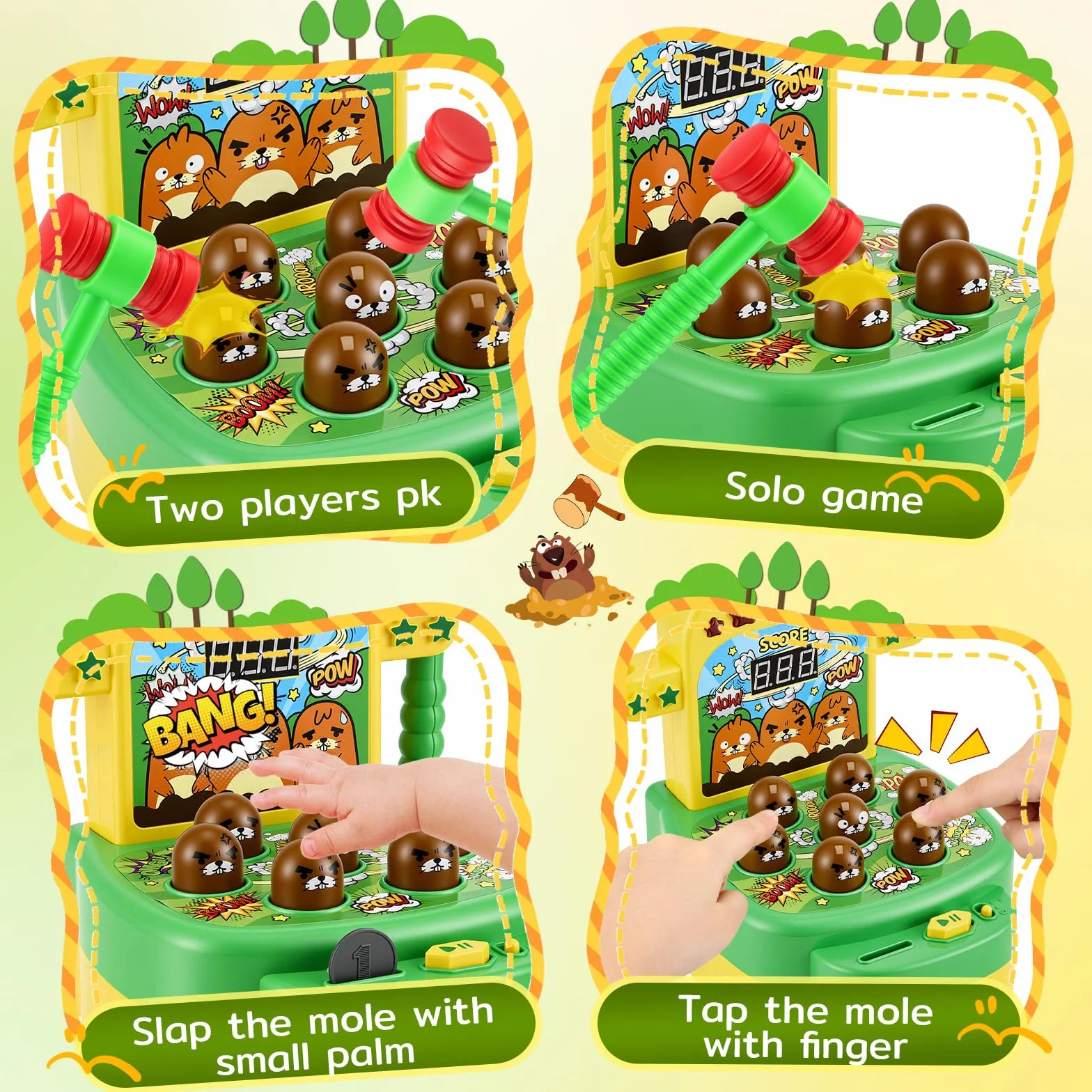 Gioco Colpisci la talpa per bambini Giocattolo musicale interattivo con 2 martelli per promuovere le capacità motorie Giocattolo educativo con luci ed effetti sonori, gioco arcade display LCD, verde