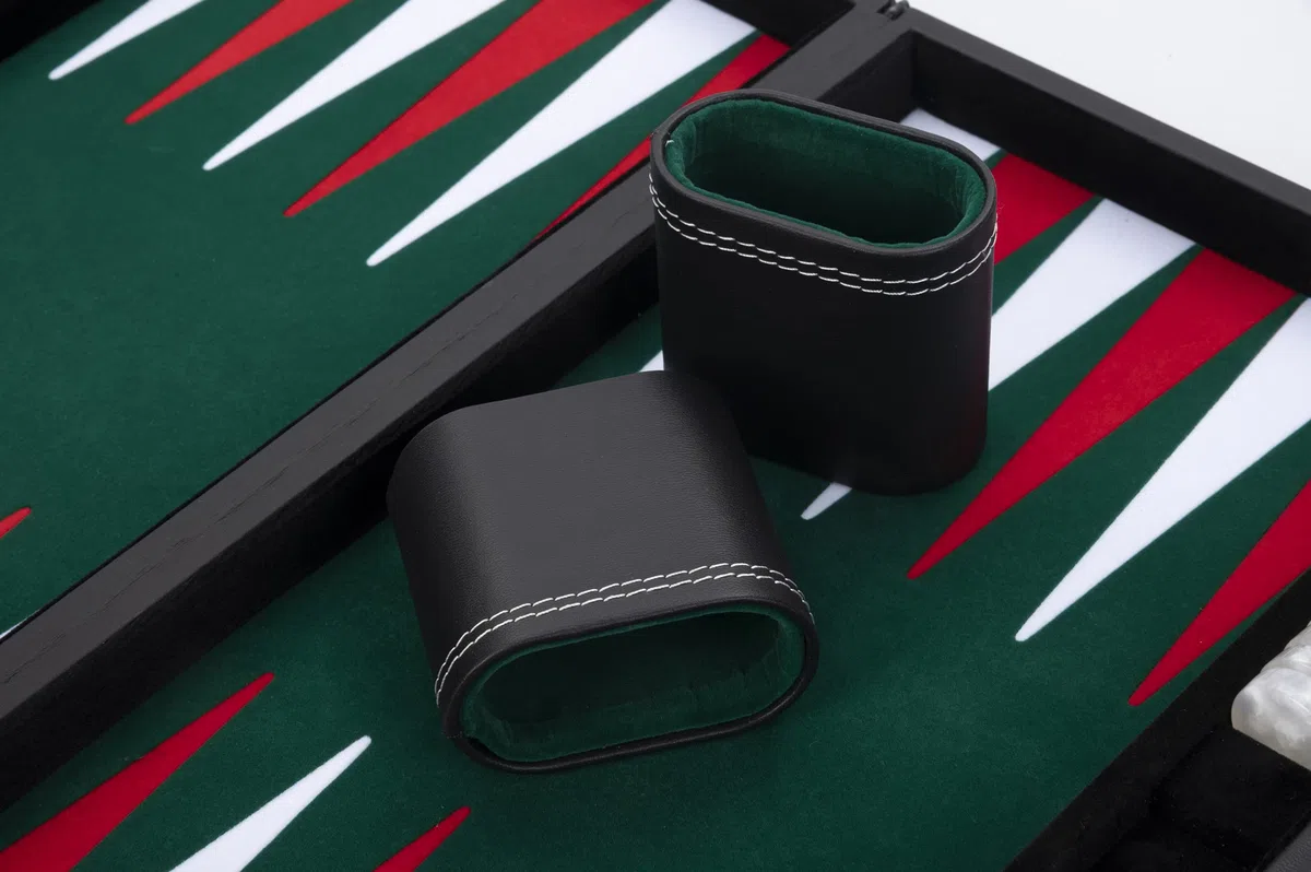 Engelhart - 250511 - Grande Backgammon di Lusso 45,5 cm (18 Pollici) - Similpelle Rossa con Inserto in Feltro - Dadi e Fiches Madreperlate - 2 Bicchierini - Gioco Strategico da Tavolo