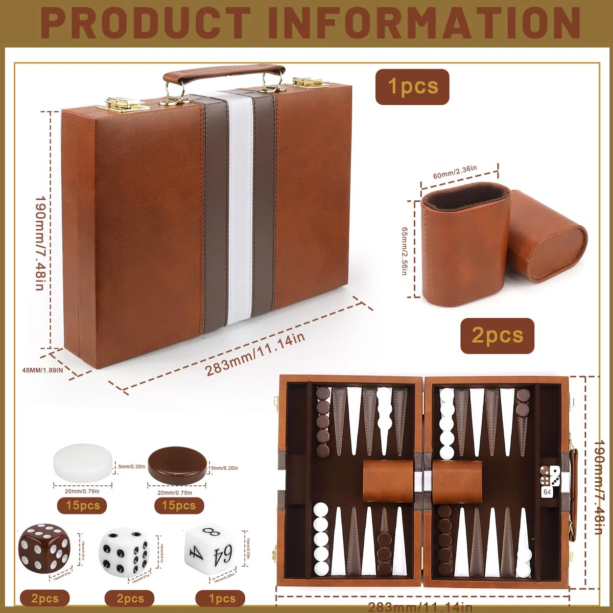 Backgammon, Set da viaggio in legno con custodia in pelle di alta qualità, Portatile, 2 giocatori, Età: 8+, Per tutte le età