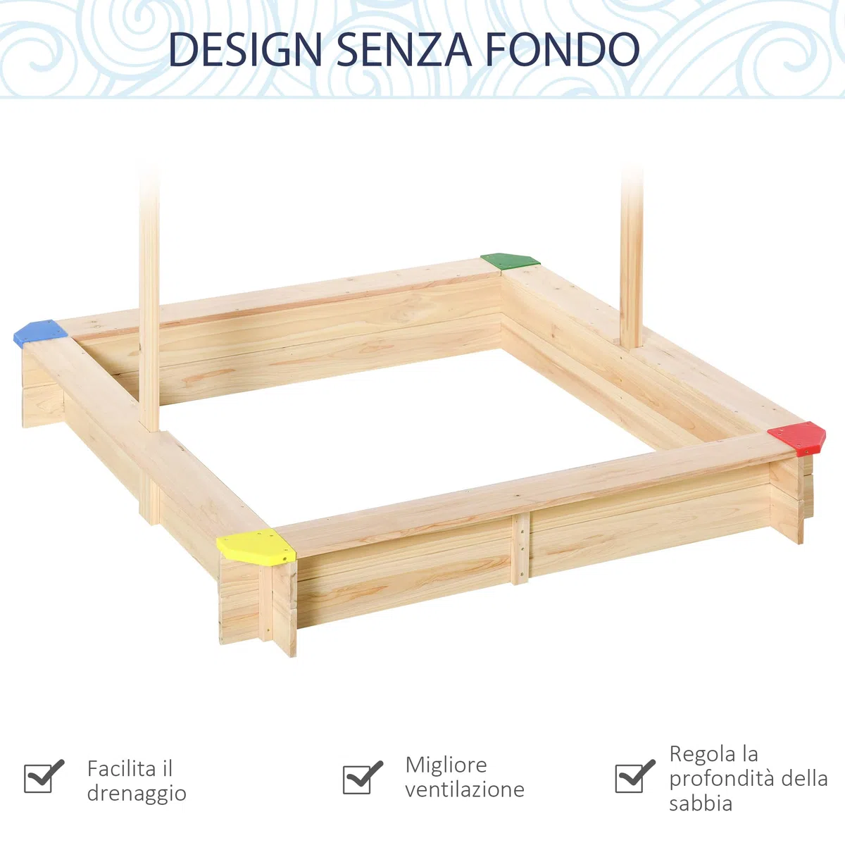 Outsunny Sabbiera per Bambini in Legno con Panca e Tettuccio Parasole Regolabile, 120x120x120cm, Colore Legno e Blu