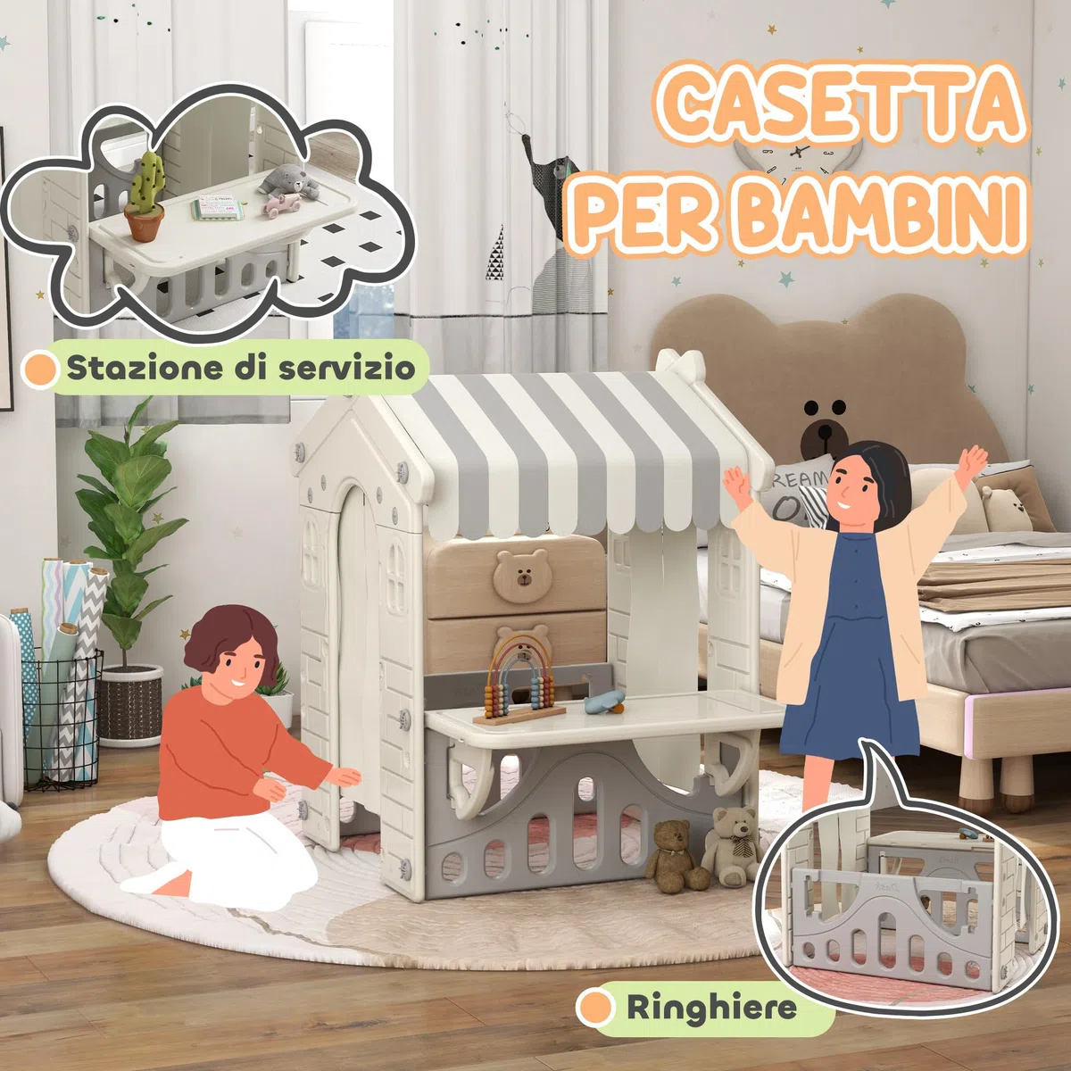 AIYAPLAY Casetta per Bambini con 4 Finestre, Porte ad Arco, Tetto e Bancone, Plastica, Crema