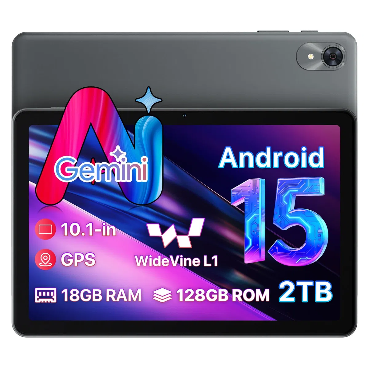 Tablet 10 Pollici Android 15 Tablet con Gemini AI, 18GB+128GB (2TB TF) Tablets, Processore 2.0 GHz, 5G/WiFi 6, Schermo HD IPS Schermo 1280x800, Radio FM/GPS/Bluetooth, Kids Space e YT Kids