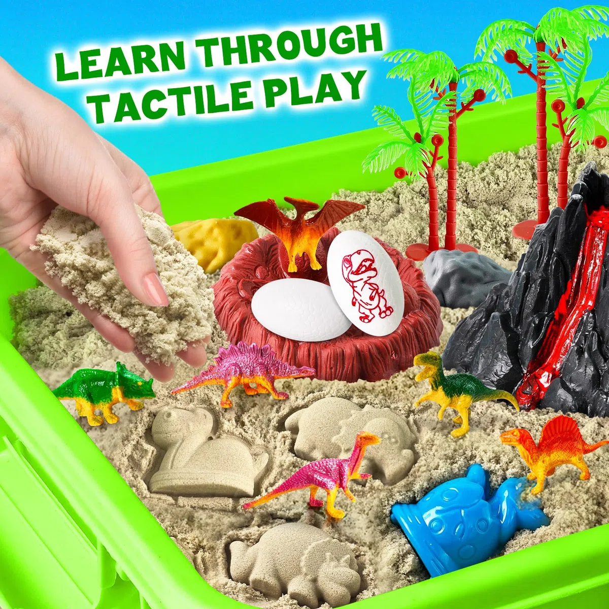 ESSENSON Sabbia per Bambini 1 KG Kit di Dinosauri Giocattoli Sensoriali Regalo 3-12 Anni