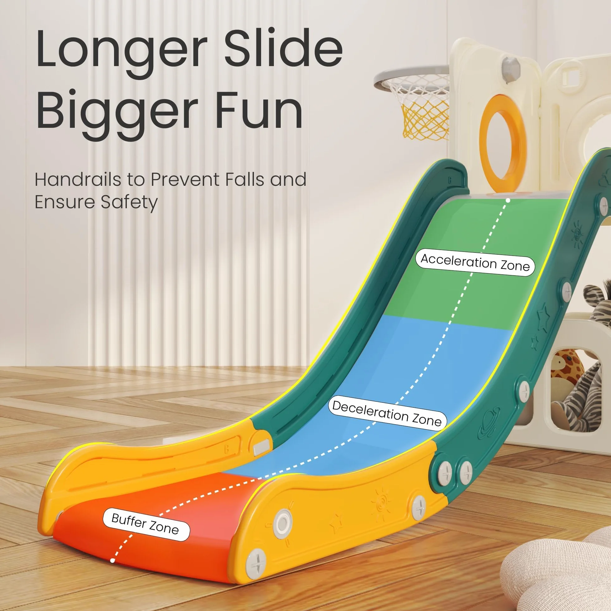 Scivolo per Bambini con Scala da Arrampicata, Canestro da Basket e Tunnel, Set di Scivolo in Plastica per Interni per Bambini, Giochi Montessori per Parco Giochi, Verde