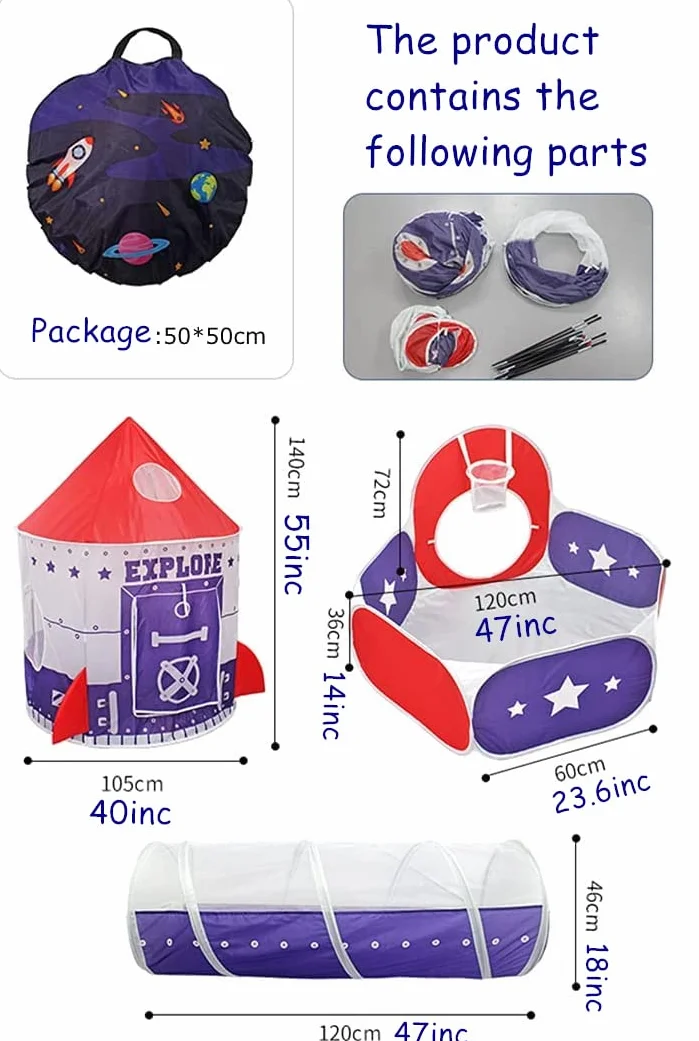 3 in 1 Bambini Tenda Gioco Tunnel Palla Buca Playhouse con Canestro da Basket Blu Scuro