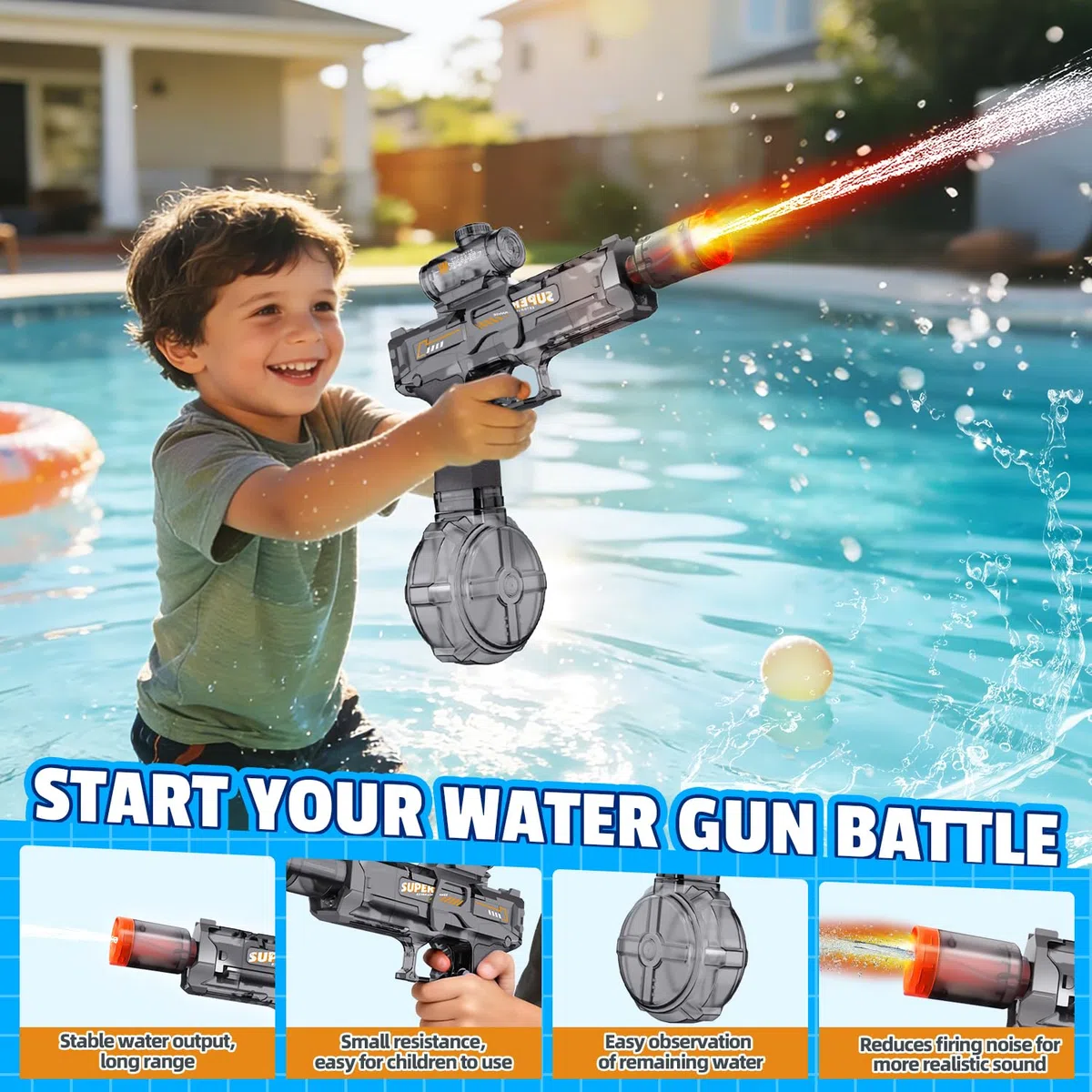 4PCS Pistola ad Acqua Elettrica, Fucile ad Acqua con Fiamma LED, Gittata 8-10M, Ricaricabile Pistole ad Acqua Automatica per Bambini,Piscina, Spiaggia e Giardino, Giocattolo Regalo di Compleanno