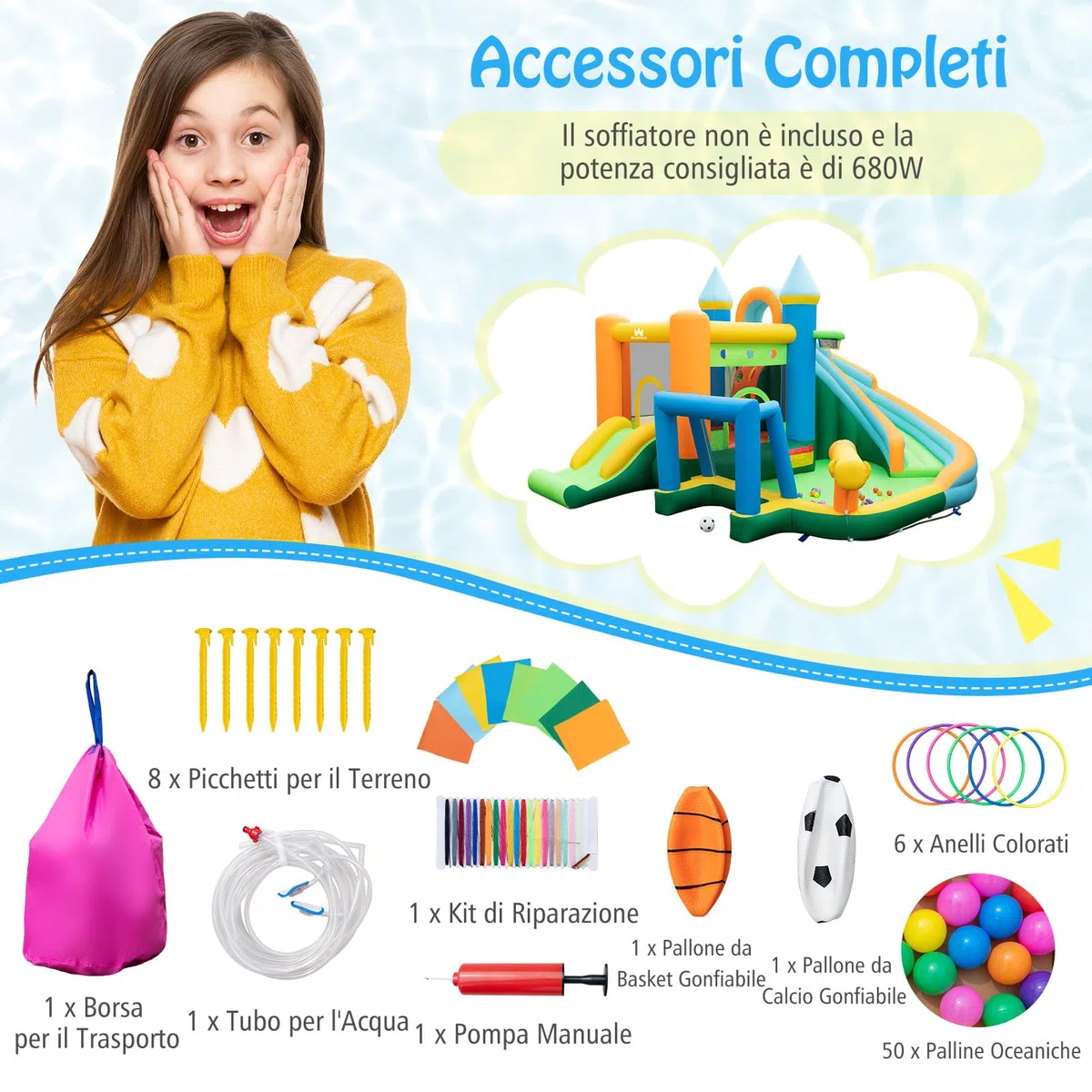 RELAX4LIFE Scivolo d'Acqua Gonfiabile, Parco Acquatico con Doppio Scivolo, Piscina Spruzzo, Parete da Arrampicata, Cannone ad Acqua, Canestro da Basket, Porta da Calcio, Palline Oceaniche e Anelli