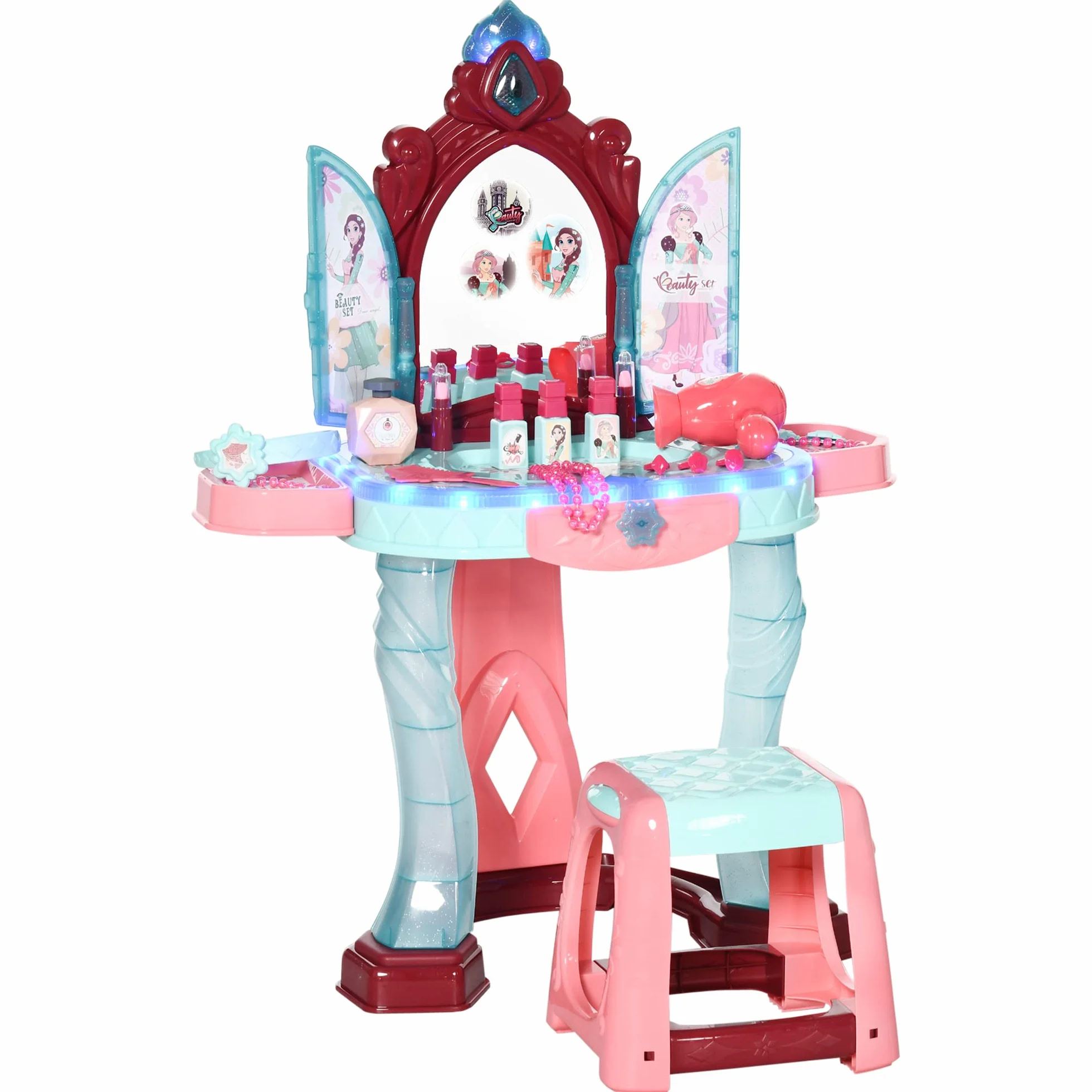 AIYAPLAY Set Tavolo Toeletta con Sgabello per Bambini da 3-6 Anni, Postazione Trucco Bambina con Luci e Musica, 31 Accessori di Bellezza Inclusi