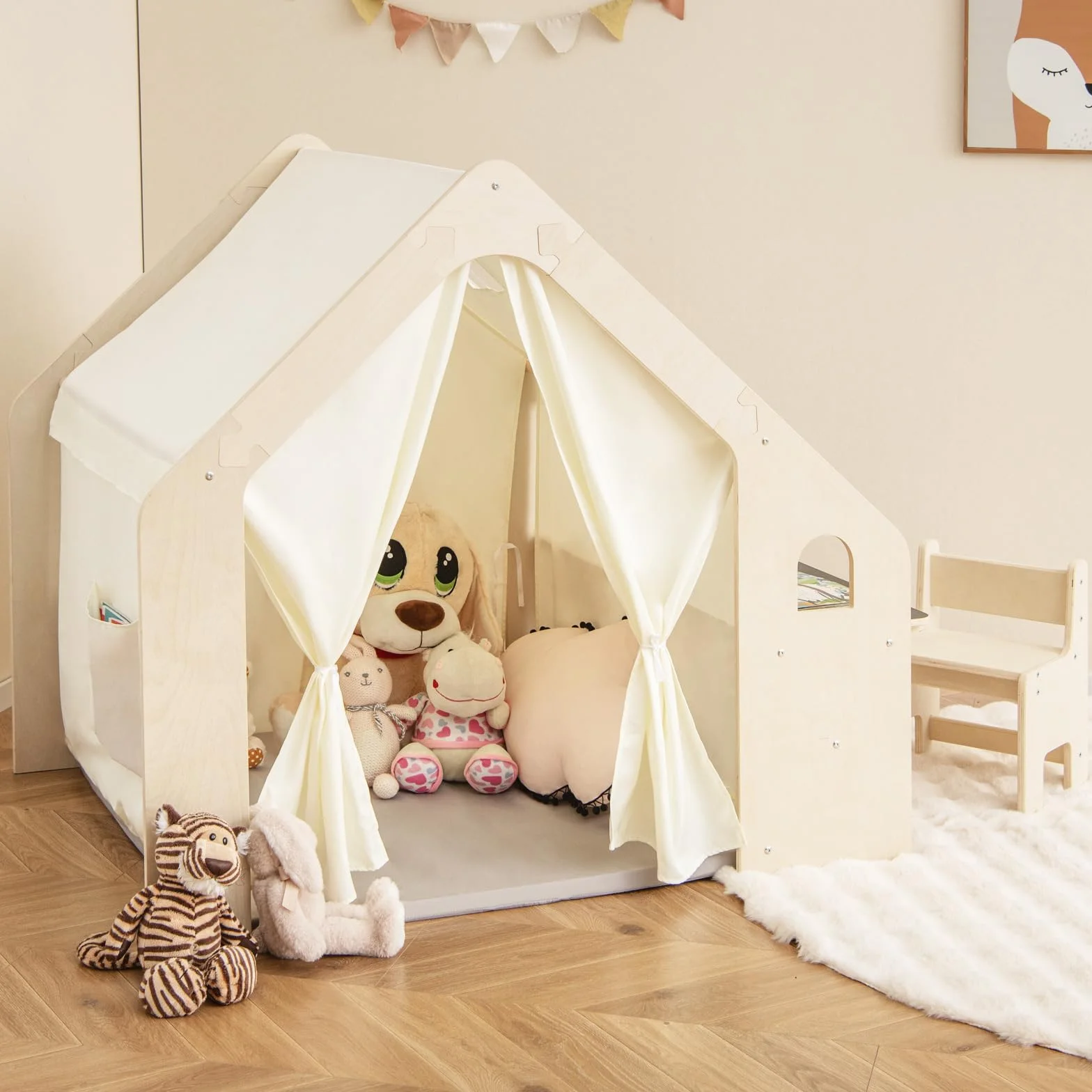 HOMASIS 6 in 1 Tenda per Bambini da Interno, Tenda Gioco con Tavolo e Sedia per Bambini, Casa da Gioco con Tappetino, Lavagna, Scatola Portagiochi (1 Scatola)