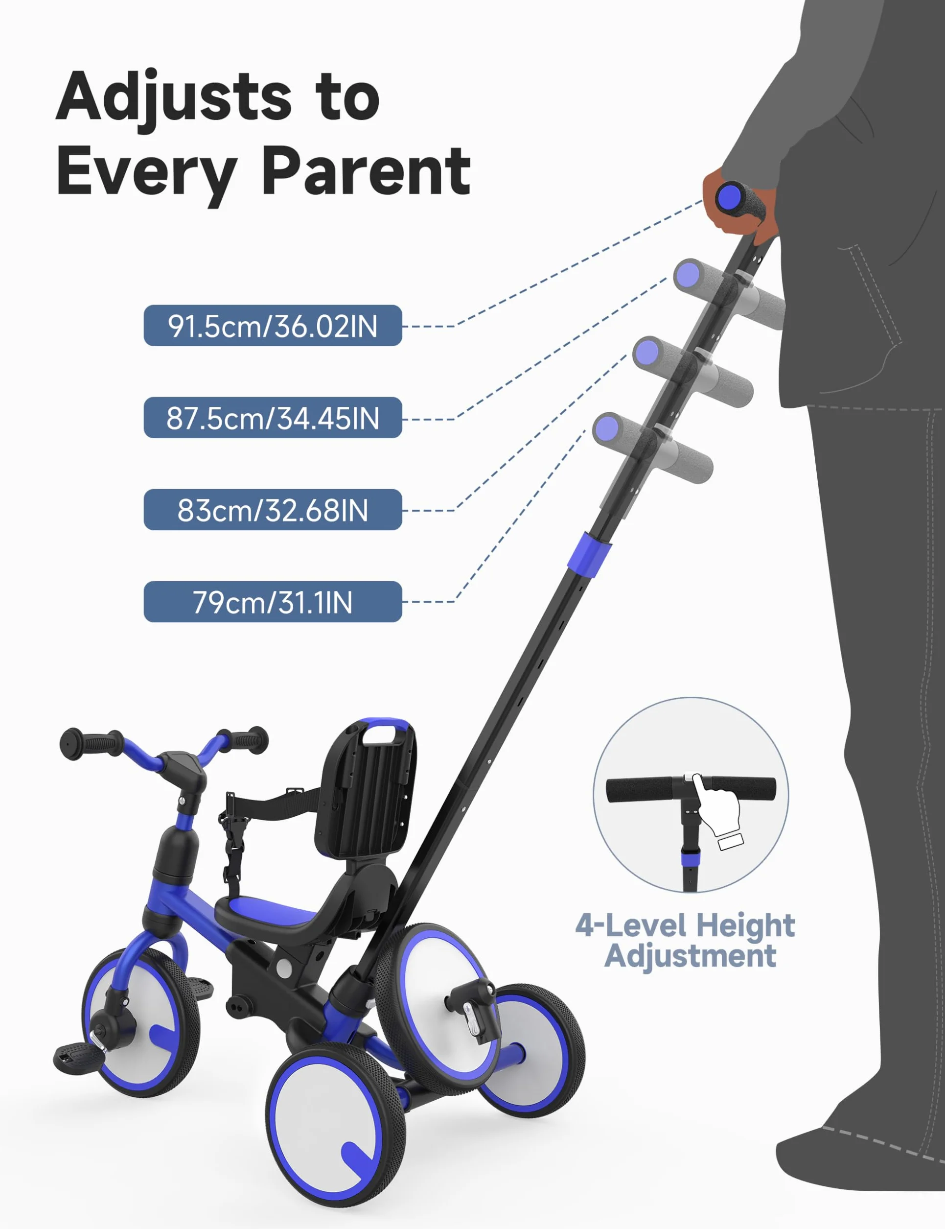 Besrey Triciclo Bambini 5 in 1 – Triciclo Evolutivo con Maniglione e Ruota di Scorta, Bici Senza Pedali per Bambini da 18 Mesi Dotato di Schienale e Cintura, Regalo Compleanno per Bambini (Blu scuro)