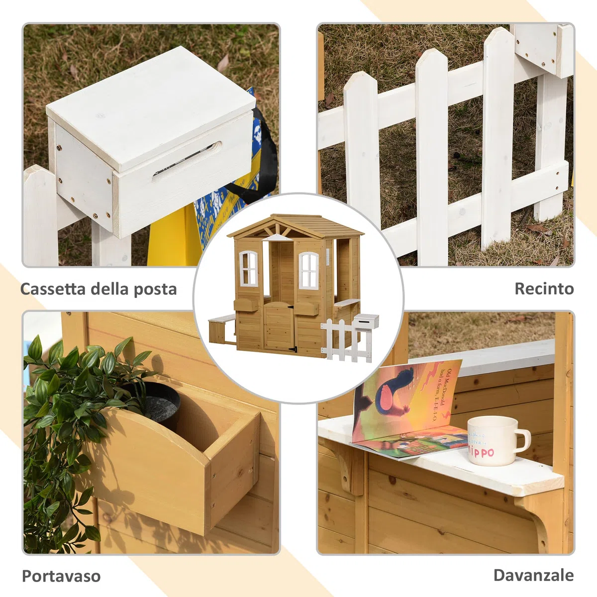 Outsunny Casetta Bambini Legno Giardino con Finestre Staccionata Portavasi Panca 205x119x140 cm