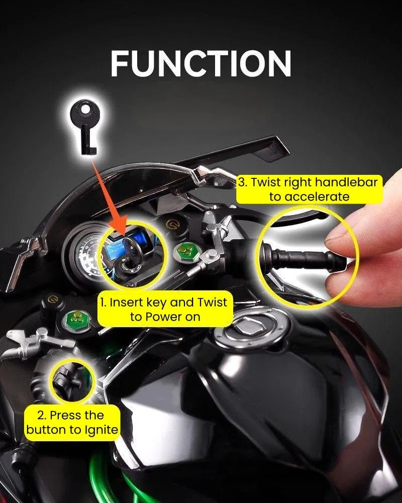 Modellino di Motocicletta in Scala 1:6, Pressofuso, 60% Carrozzeria in Lega, Caratterizzato da Effetti Sonori del Motore che Ruggisce, Avvio con Chiave, Luci Autentiche e Parti Mobili (Ruota