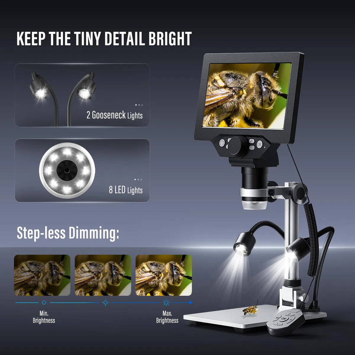 Microscopio Digitale 7 Pollici, Ingrandimento 1200X 12MP Registrazione 1080P con 8 Luci LED Regolabili, Schermo IPS, Connessione PC per Saldatura, Scienza, Istruzione Compatibile con Windows