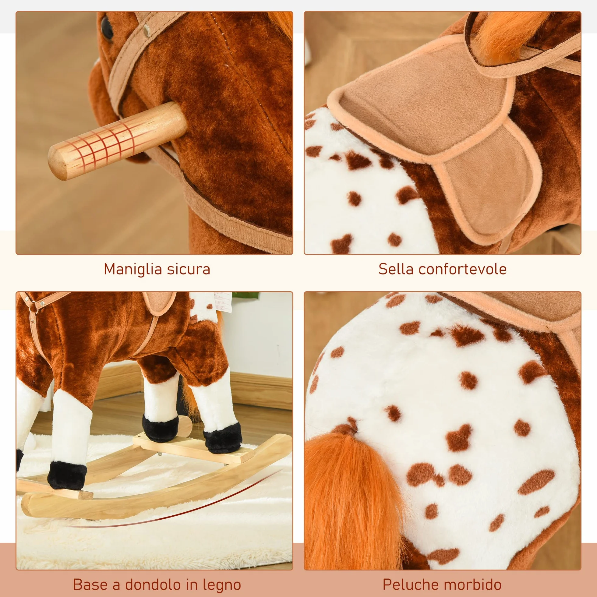 HOMCOM Cavallo a Dondolo in Legno con Suono Animale Regalo Giocattolo per i Bambini, 74 x 28 x 65 cm, Marrone