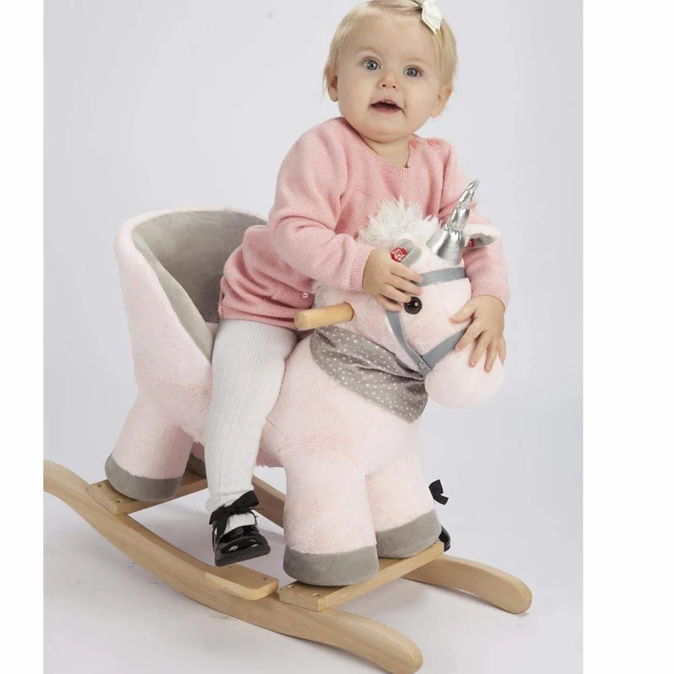 Bakaji Unicorno a Dondolo Cavalluccio Cavalcabile Peluche Giocattolo per Bambini con Effetti Sonori Maniglie e Cintura di Sicurezza Rosa