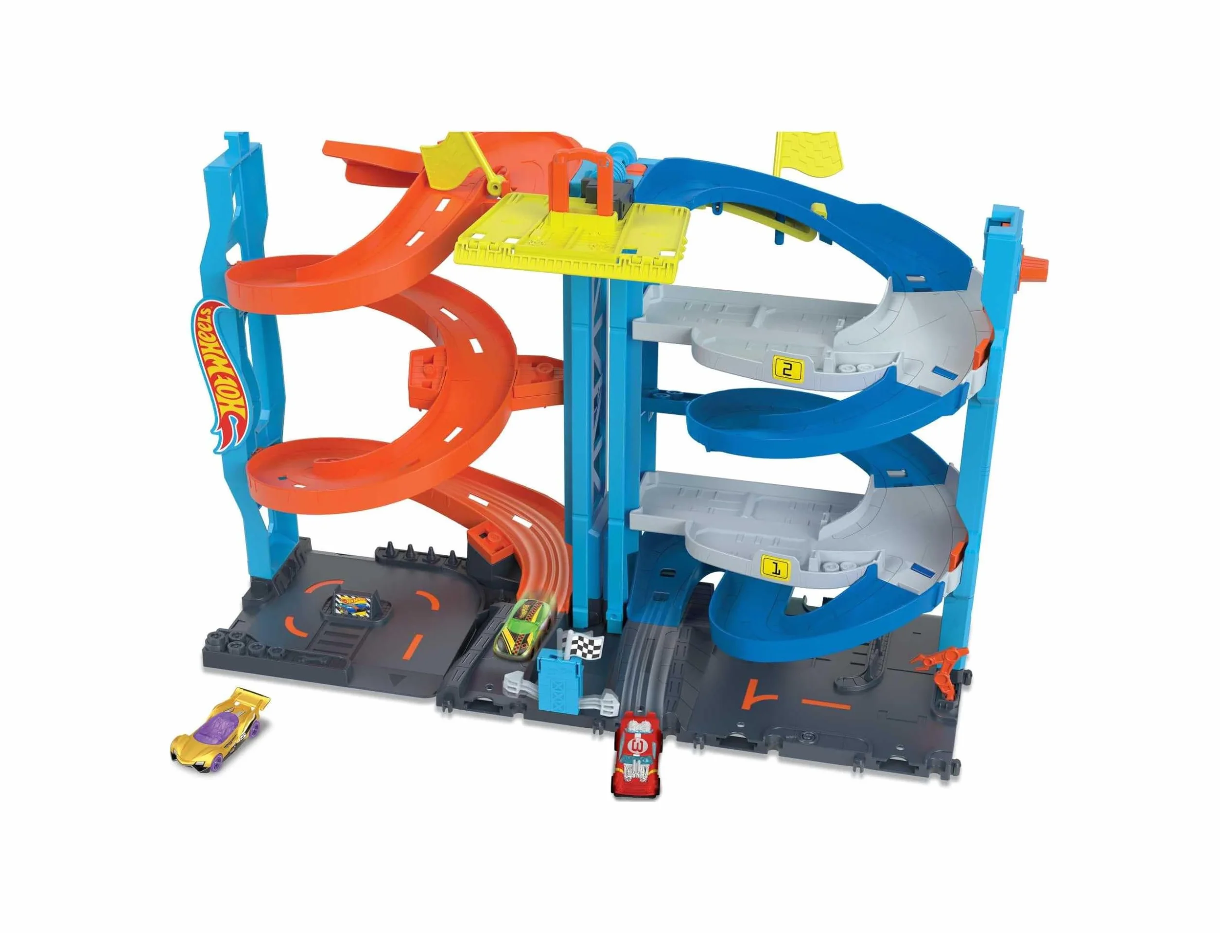 Hot Wheels City playset con pista e 1 macchinina Hot Wheels, torre 2 in 1 da modalità corsa singola a doppia, ascensore azionato manualmente incluso, HKX43