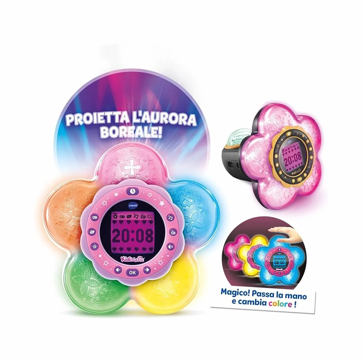 VTech KidiMagic Galaxy Light, Radiosveglia 9 in 1, Proiettore Bambini Aurora Boreale, Fiore Luminoso con Sensore di Movimento, Radio FM e MP3, Lingua Italiana, Batterie Incluse, 6+ Anni
