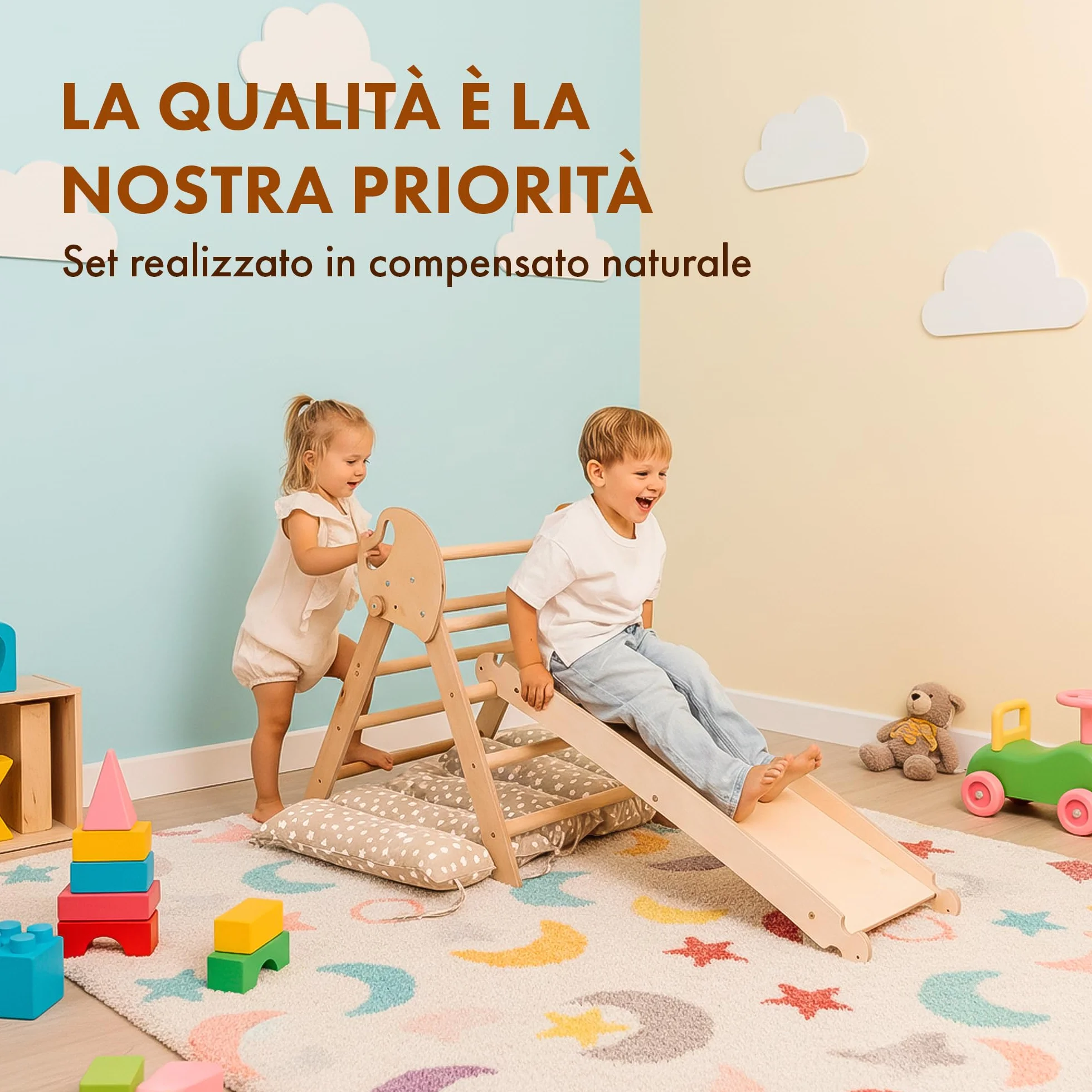 Goodevas 5-in-1 Telaio da Arrampicata per Bambini - Scala a Triangolo, Arco per Arrampicata, Balance Board e Cuscino, Telaio da Arrampicata Montessori, Palestra in Legno per Bambini da 1 a 3 Anni