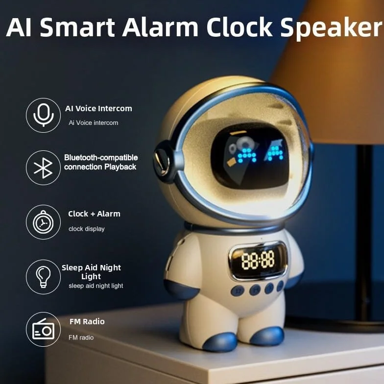 Smart AI Robot Wireless Bluetooth5.1 + EDR Speaker con apprendimento interattivo, audio 6W, radio FM, sveglia, design compatto, batteria 1800mAh (bianco)