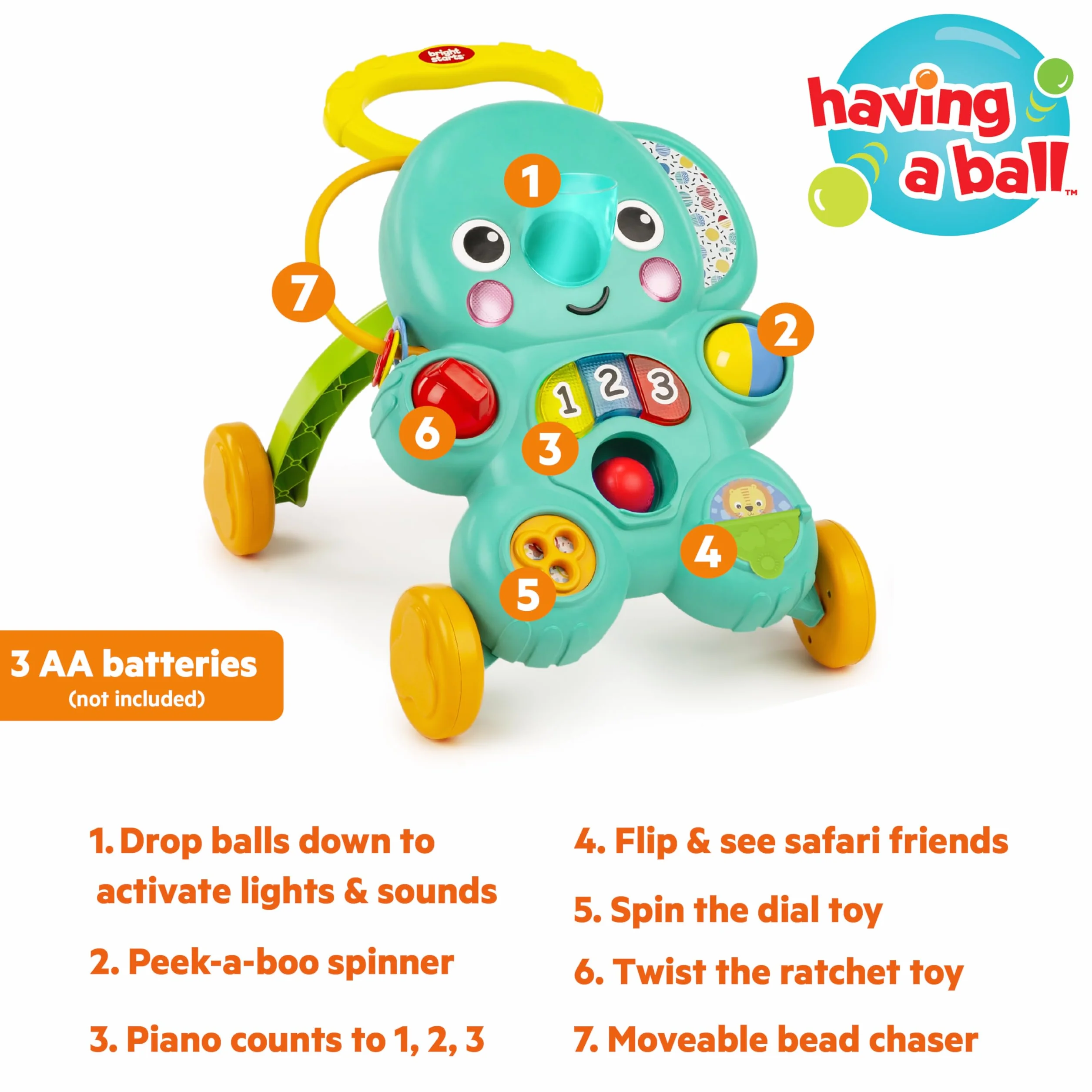 Bright Starts Stroll 'N Roll 2 in 1 Ball Play Walker - Elefante con luci e musica, unisex, 6 mesi +