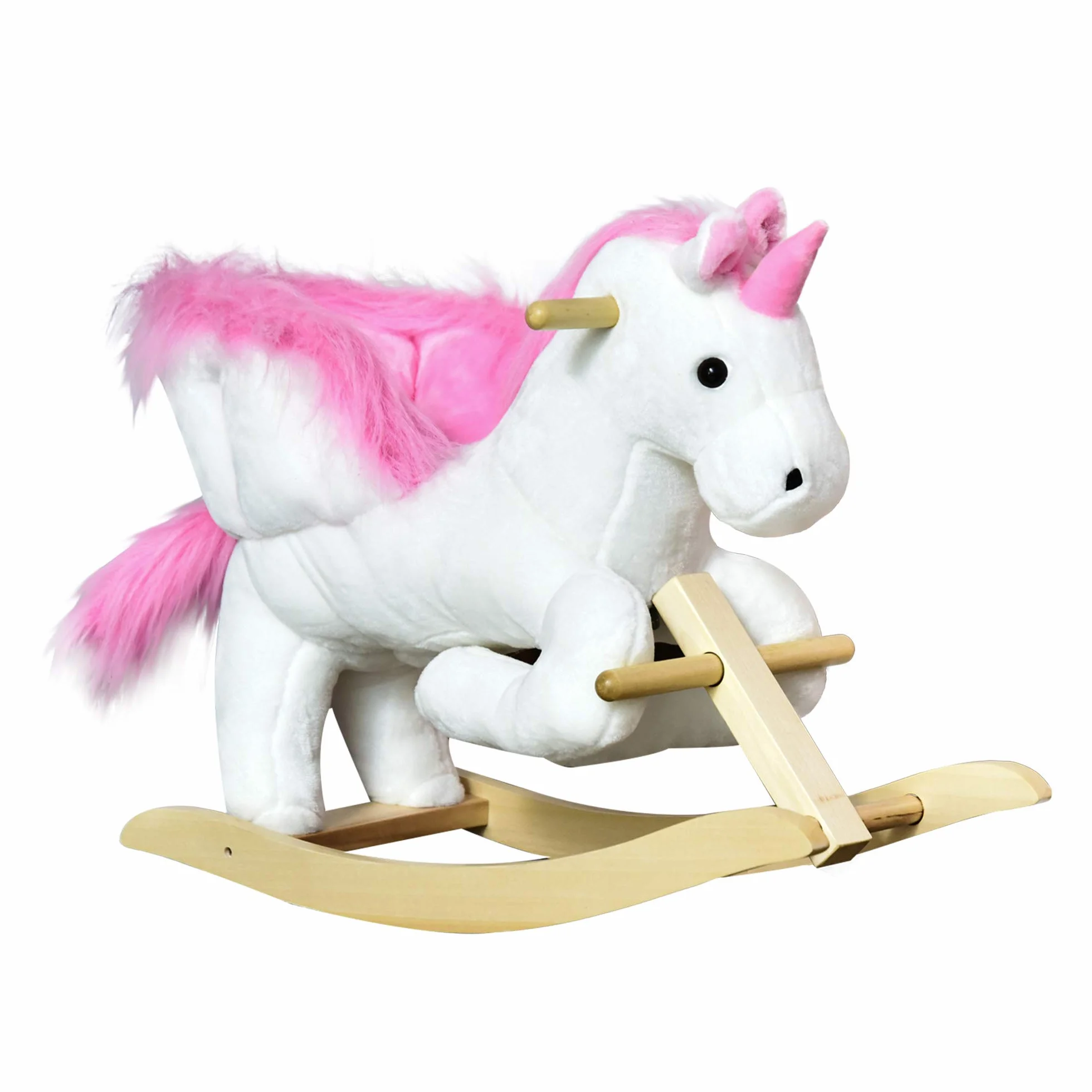 HOMCOM Cavallo a Dondolo a Forma di Unicorno con Musica, Struttura in Metallo e Legno, Rivestimento Peluche, 69x32x57cm, Bianco Rosa