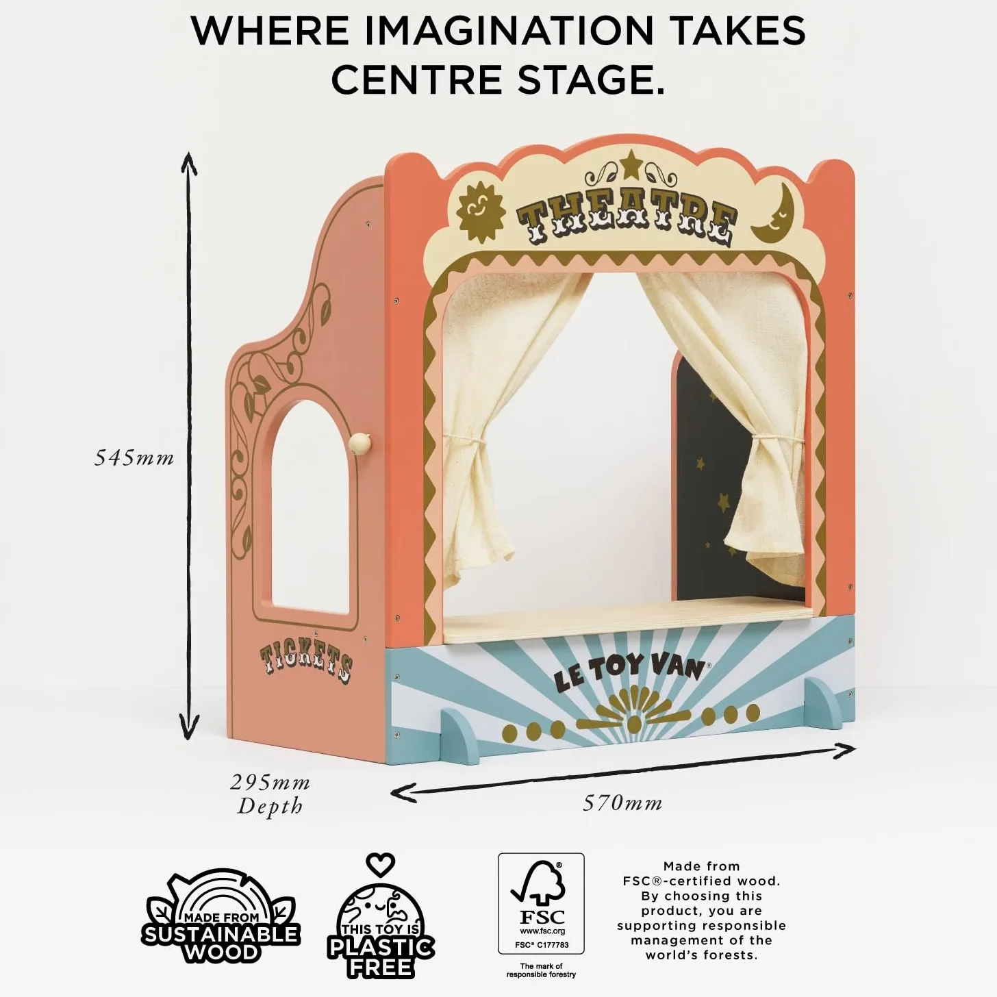 Le Toy Van - TV351 - Teatro Marionette per Bambini, da 3 Anni, teatrino dei burattini in Legno da Tavolo, Gioco di Ruolo, Montessori, Legno FSC Ecologico, 52 x 30 x 55 cm