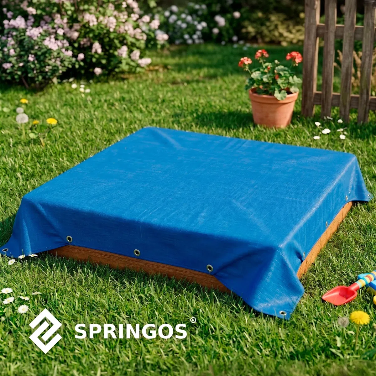 Springos Sabbiera in legno 120 x 120 cm, impregnazione ecologica a base d'acqua, bordi arrotondati, inclusi geotessile e telone, tavole stabili da 18 – 20 mm, montaggio fai da te, prodotta in Polonia