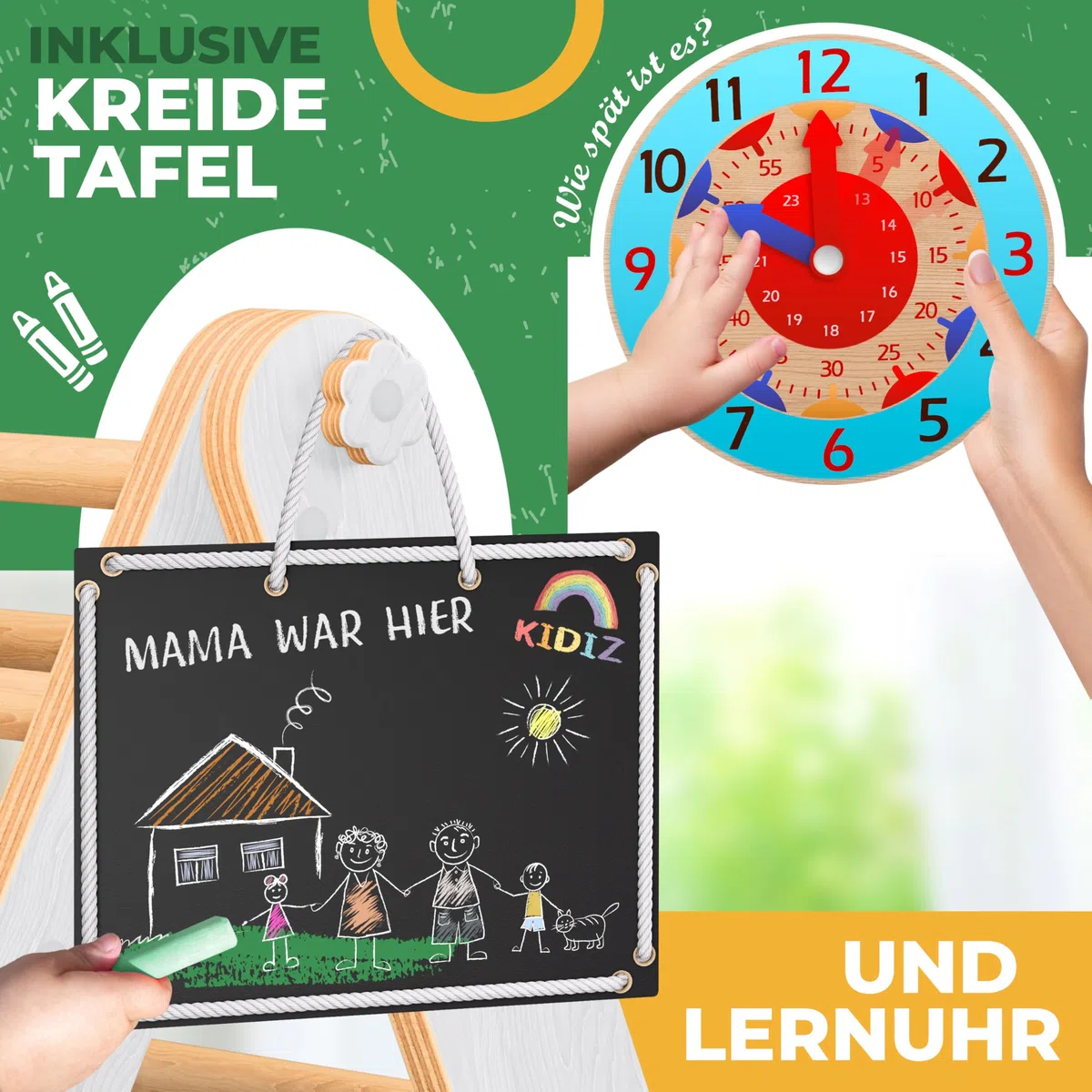 Kidiz Montessori Set di gioco 7 in 1 arrampicata scivolo triangolo legno cuscino lavagna orologio didattico