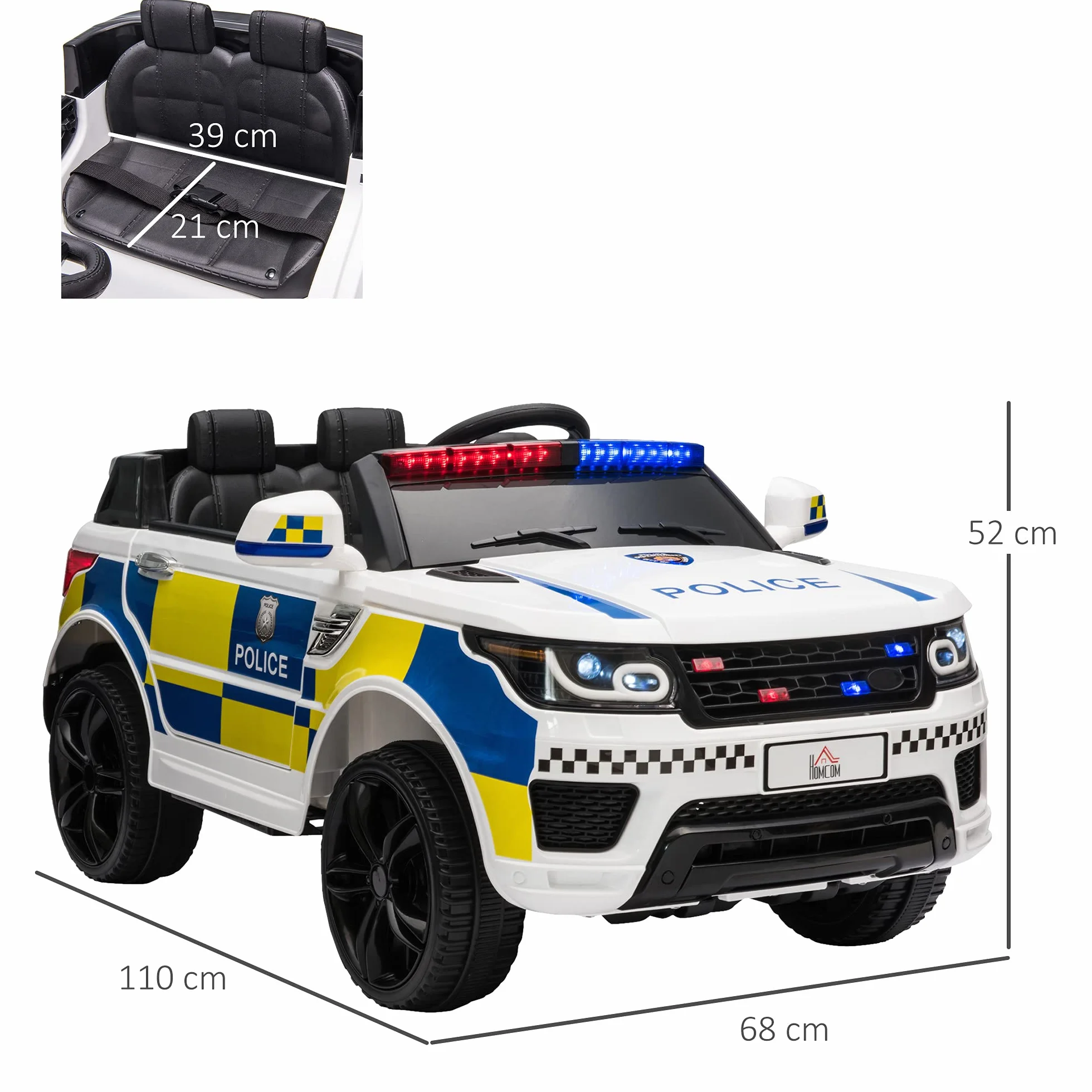 HOMCOM Macchina Elettrica per Bambini Polizia 12V Telecomando Sirena Luci USB Musica 110x68x52cm Bianco