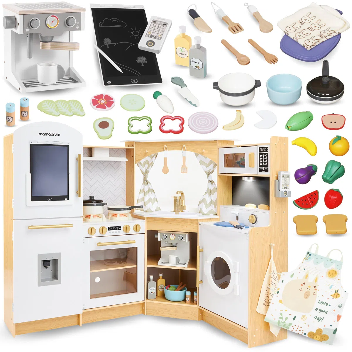 Mamabrum Cucina in Legno per Bambini 3+, Set XXXL con Luci LED, Caffettiera, Pentole, Frutta e Verdura | 50 Pezzi di Accessori Giocattolo