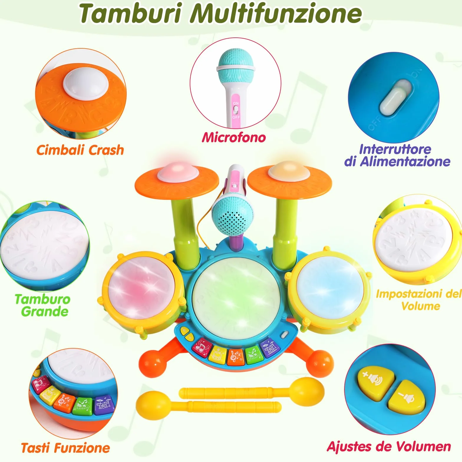 Giochi Bambini 1 Anno Batteria Bambini - Strumenti Musicali Giocattoli Bambino 1 Anno Tamburo Elettronico con Filastrocche e Luci Gioco Bambino Idea Regalo bimbo 1 2 Anno Anni