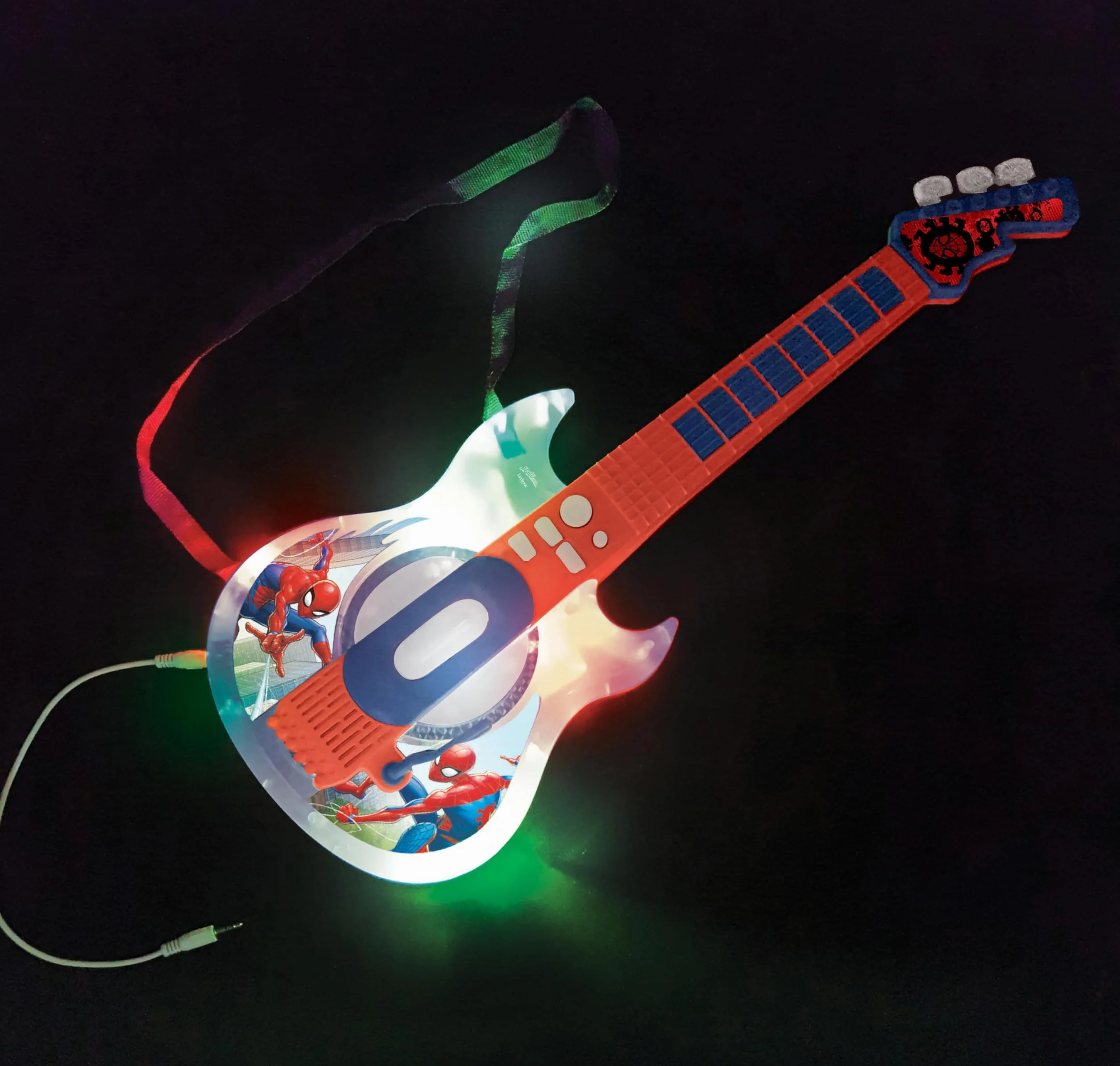 Lexibook Spider-Man Chitarra elettronica illuminata con microfono, occhiali con microfono, canzoni demo, MP3 plug, blu/rosso, K260SPLXB