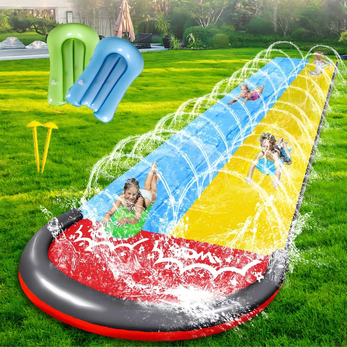 Scivolo Ad Acqua Doppio 480 cm con 2 Bodyboards per Piscina Fuori Terra Bambini Adulti