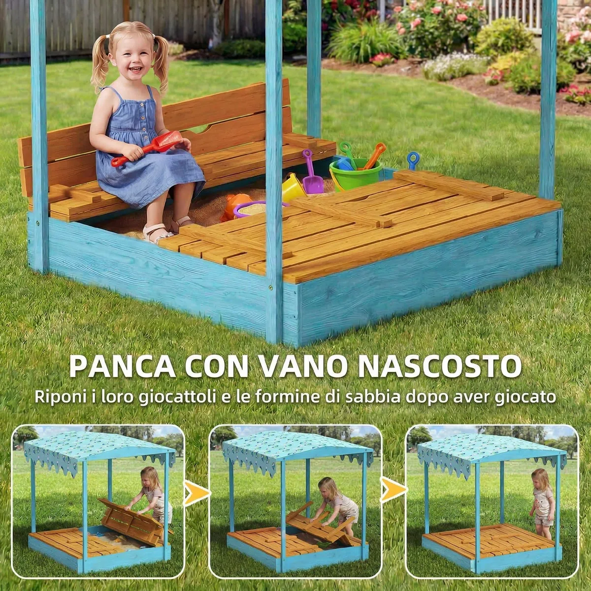 AIYAPLAY Sabbiera per Bambini 3-6 Anni con Tettuccio Dinosauri, Sedute Pieghevoli, Coperchio e Fodera Inclusa, Sabbionaia per Bambini in Legno di Abete, 134.5x127.5x130 cm, Blu