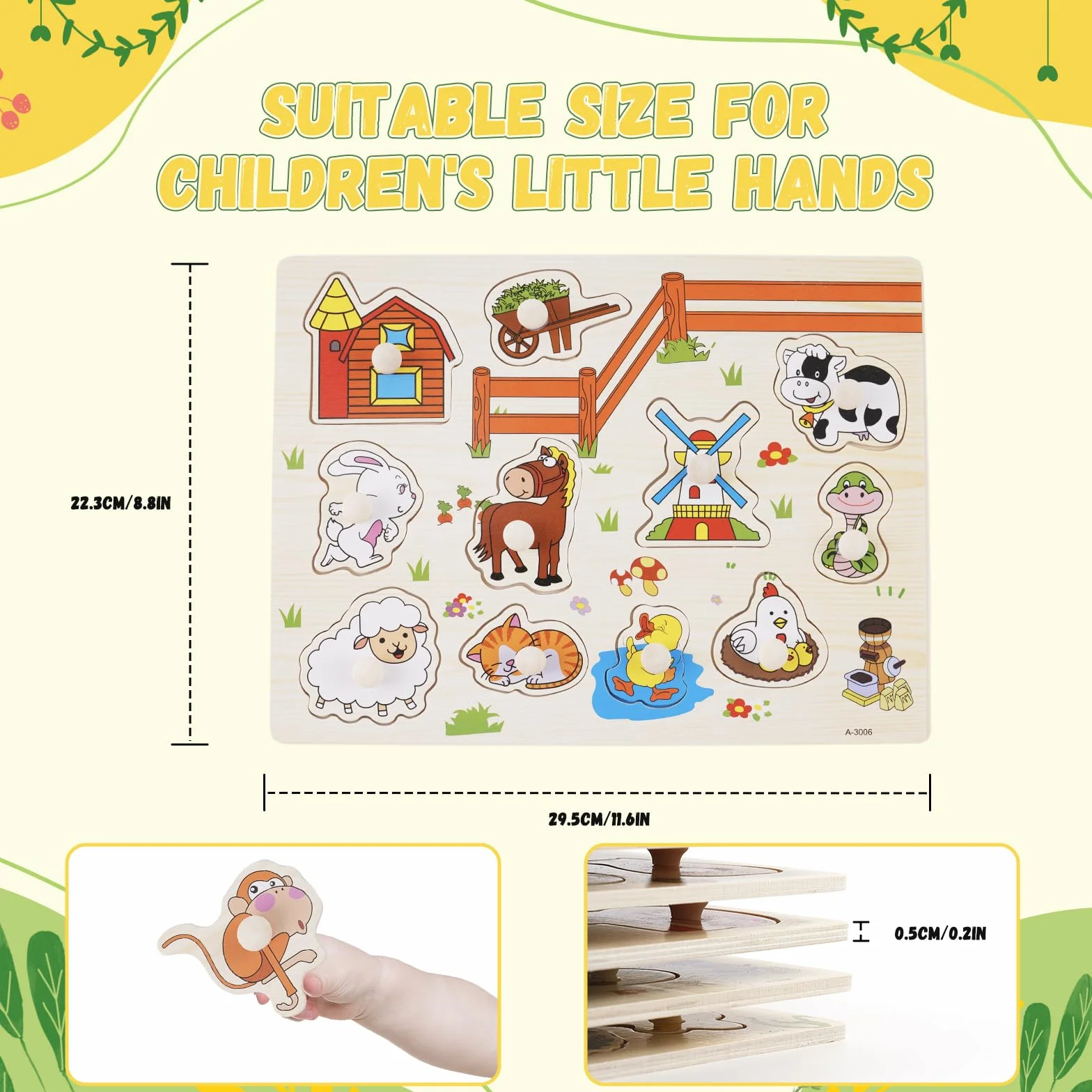 Puzzle con Bottoni in Legno per Bambini, 6 Pezzi Montessori Puzzle, Giocattolo Educativo Regalo per Bambini Ragazzi Ragazze