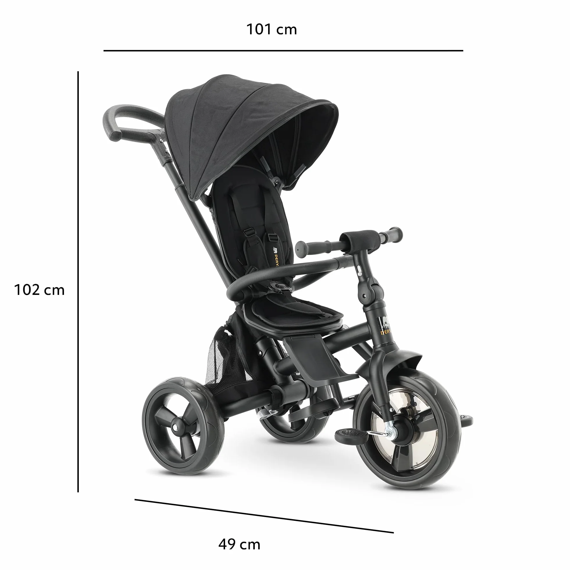 Deryan Explorer Triciclo da 9 Mesi fino a 25 kg – Triciclo per Bambini con Maniglione di Spinta – Sedile Girevole – Tettuccio Estensibile con Protezione Solare – Nero