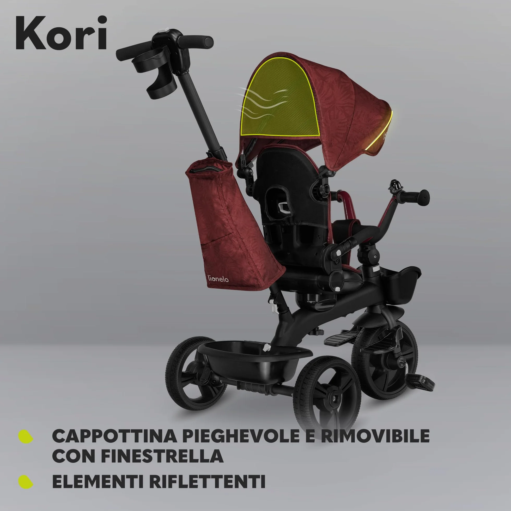LIONELO Kori Triciclo Evolutivo per Bambini da 1.5 Anni fino a 25 kg Sedile Girevole 360° Telaio ultraleggero in lega di magnesio, Pneumatici resistenti, Maniglione per genitori e Accessori