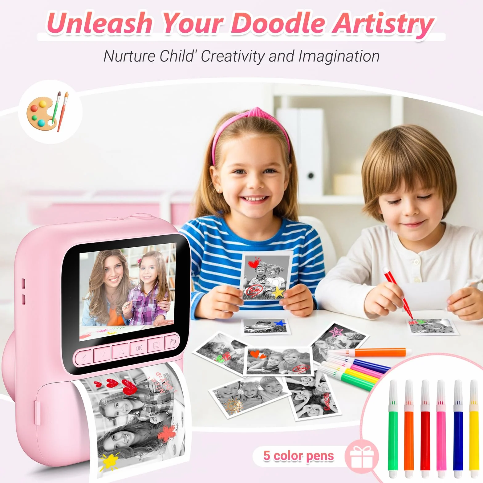 Macchina Fotografica Bambini Istantanea,Fotocamera Istantanea 1080P con 5 Rotoli di Carta da Stampa,Scheda da 32GB e Penne Colorate,Fotocamera Digitale Portatile per Bambini dai 3-14 Anni (Rosa)