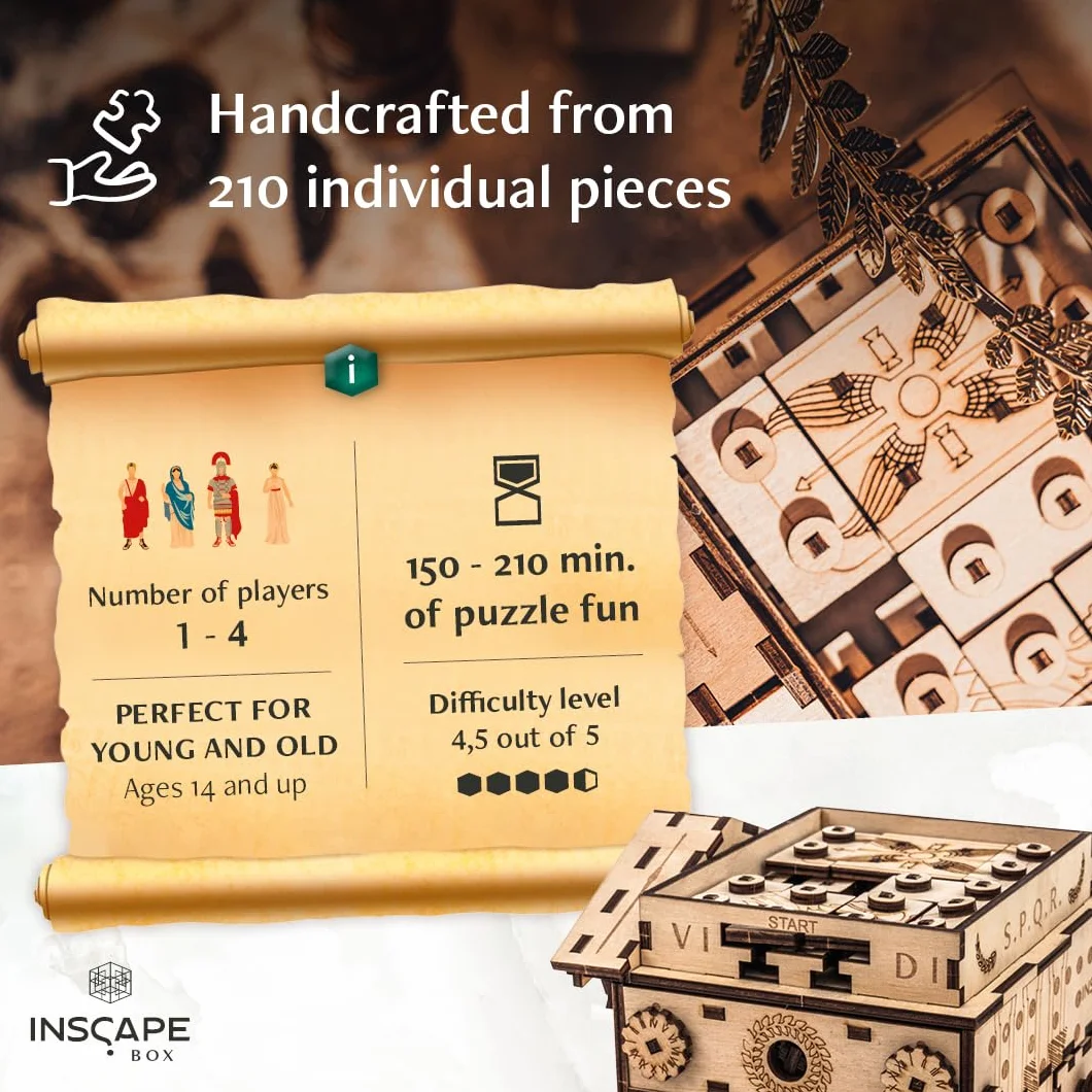 INSCAPE Caesar´s Riches Puzzle Box - Cluebox - Escape Room in legno in una scatola per adulti, puzzle mentale, scatole puzzle con scomparti nascosti, gadget regalo di compleanno per uomini e donne